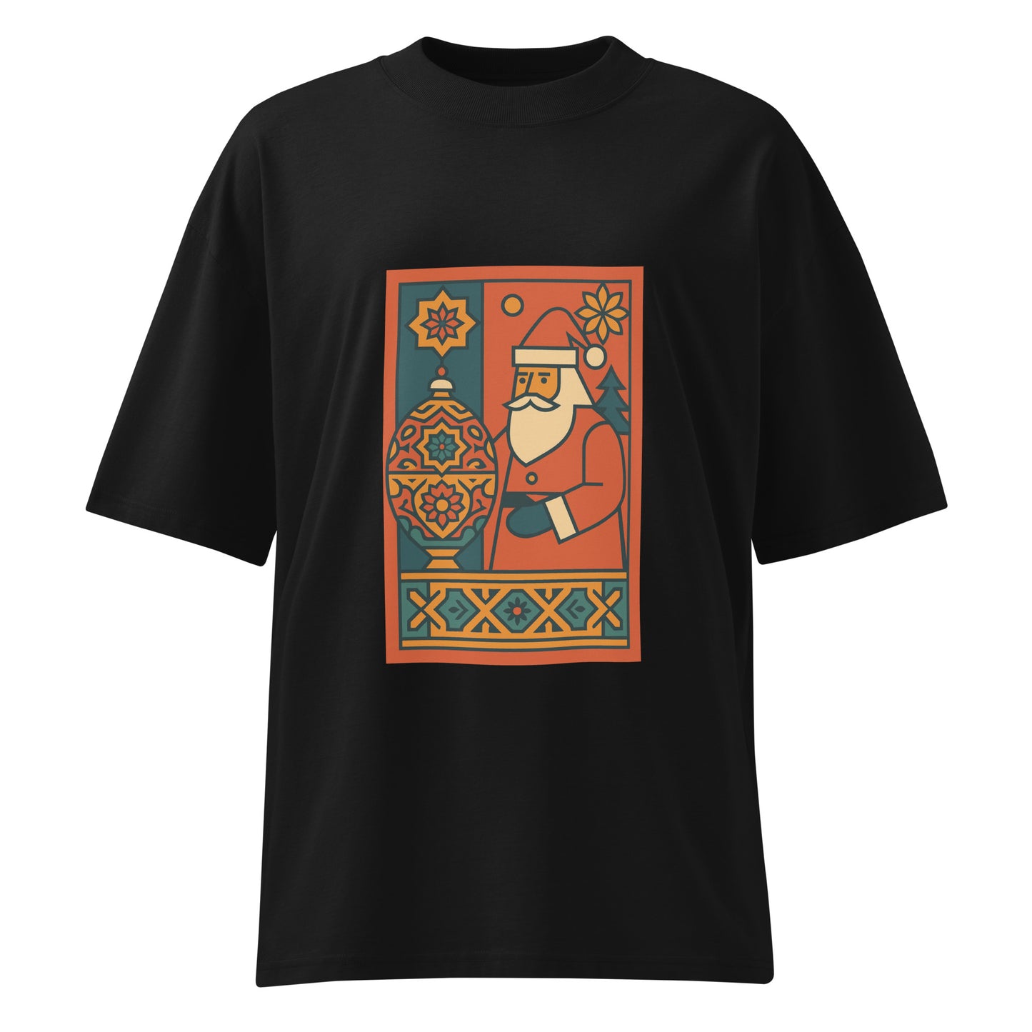 Black t-shirt with a colorful graphic of Santa Claus holding a vase on a white background