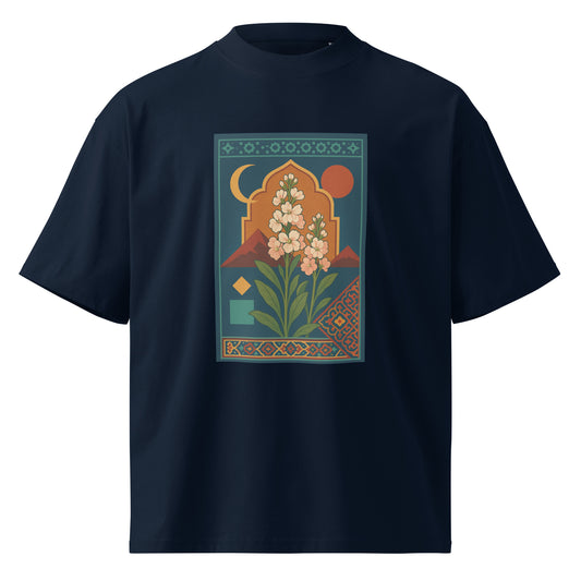 Navy blue t-shirt with a floral graphic on a white background