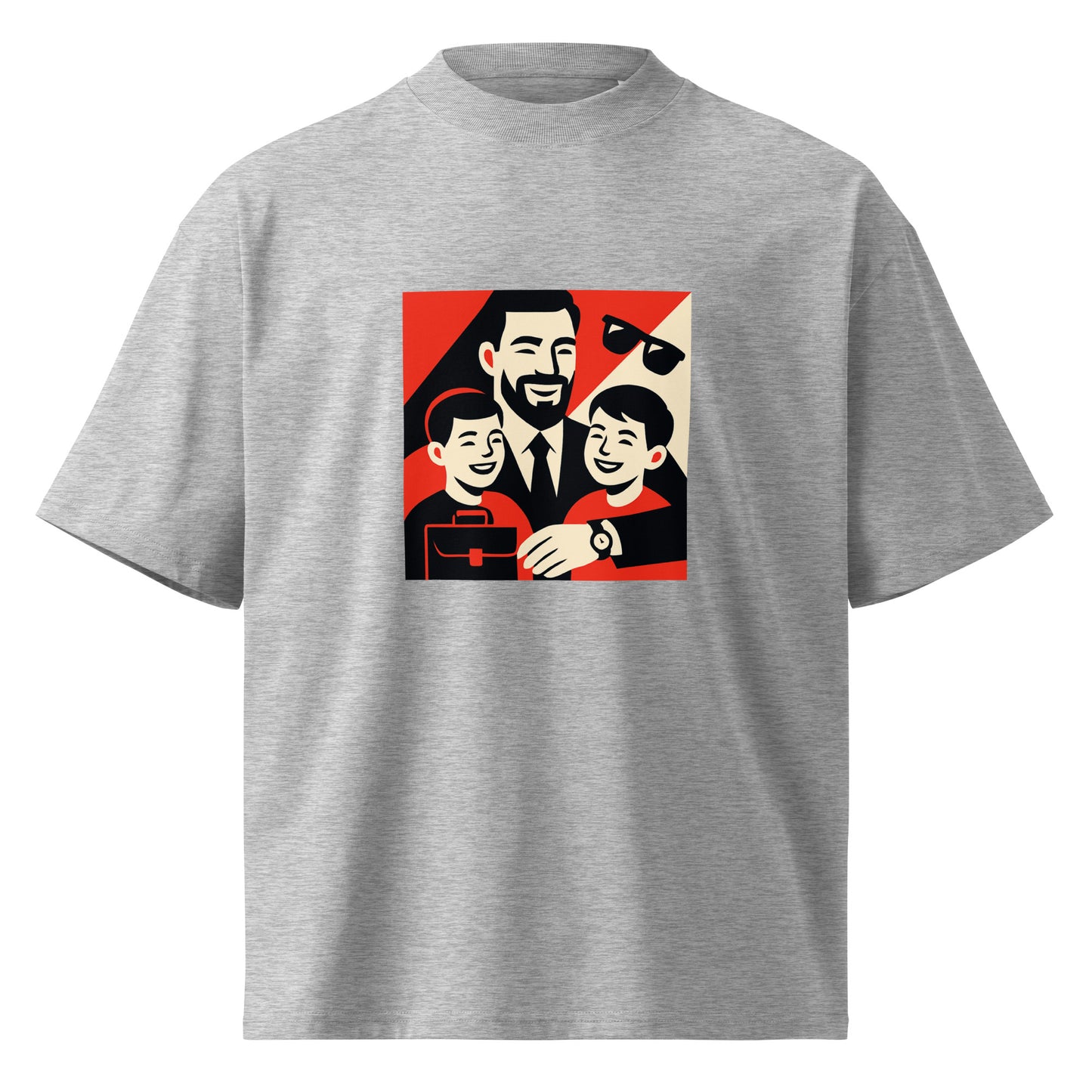 Gray t-shirt with a graphic of a man and two children on a red background