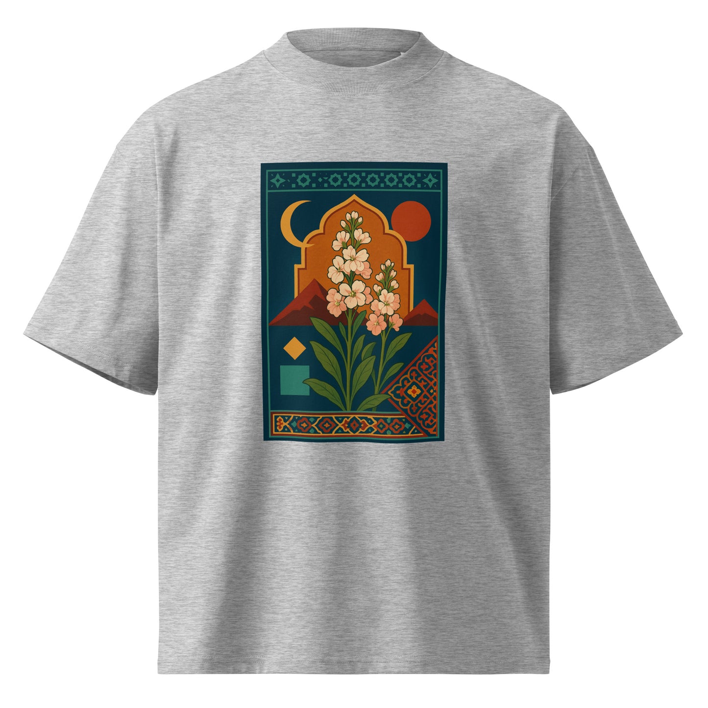 Gray t-shirt with a colorful graphic design on a white background