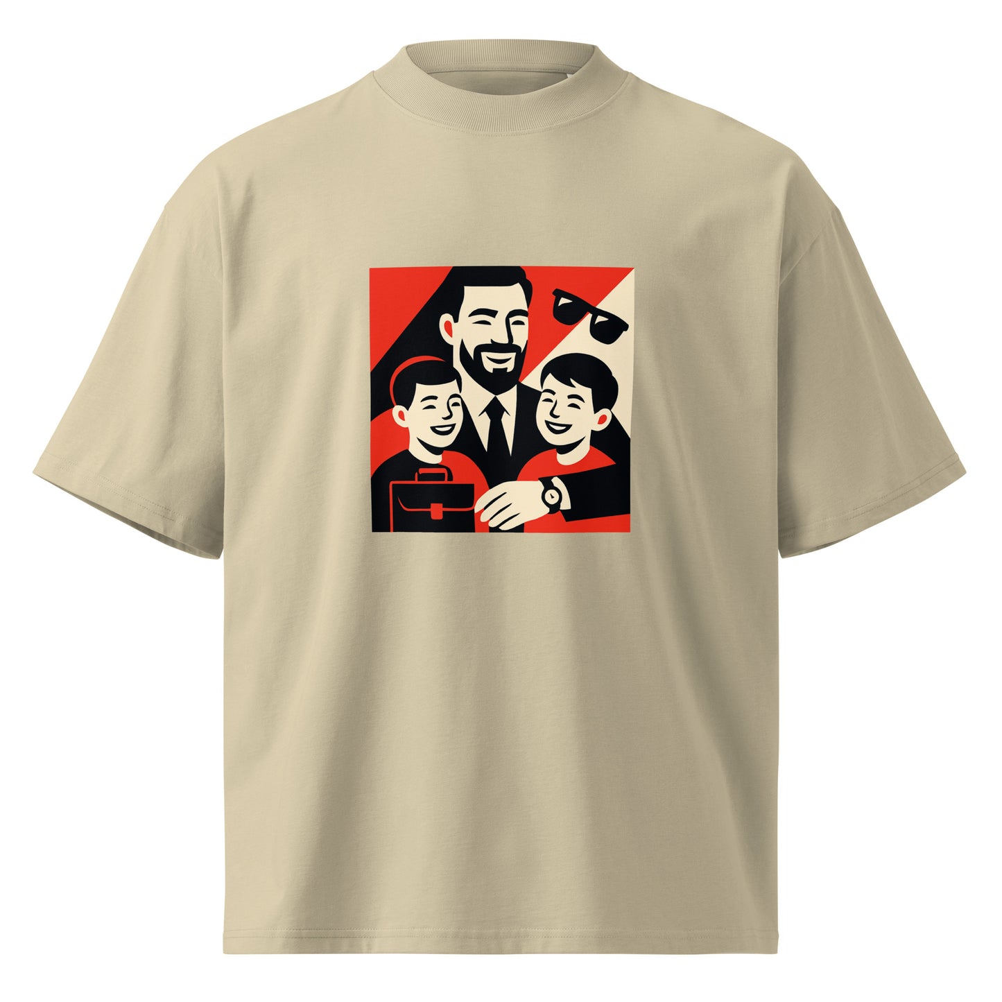 Beige t-shirt with a graphic of a man and two children on a white background