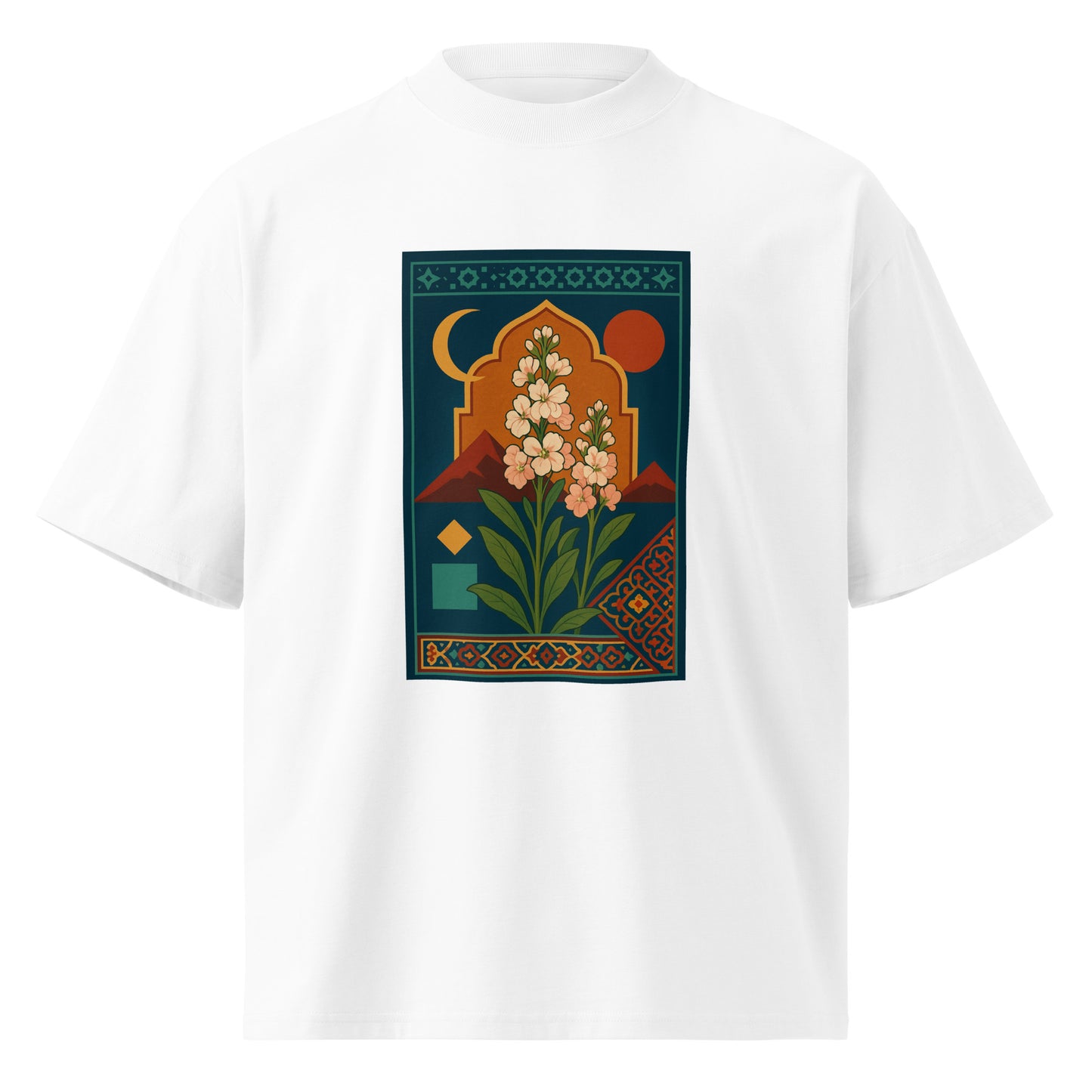 White t-shirt with a colorful graphic design on a white background