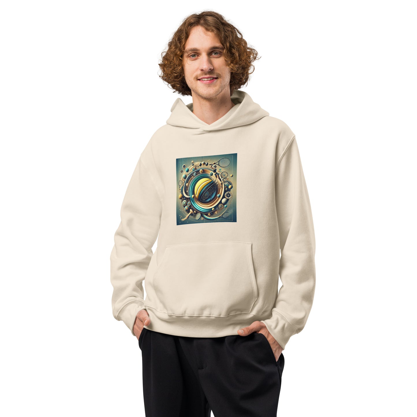 Person wearing a tennis beige hoodie with a colorful graphic design on a white background