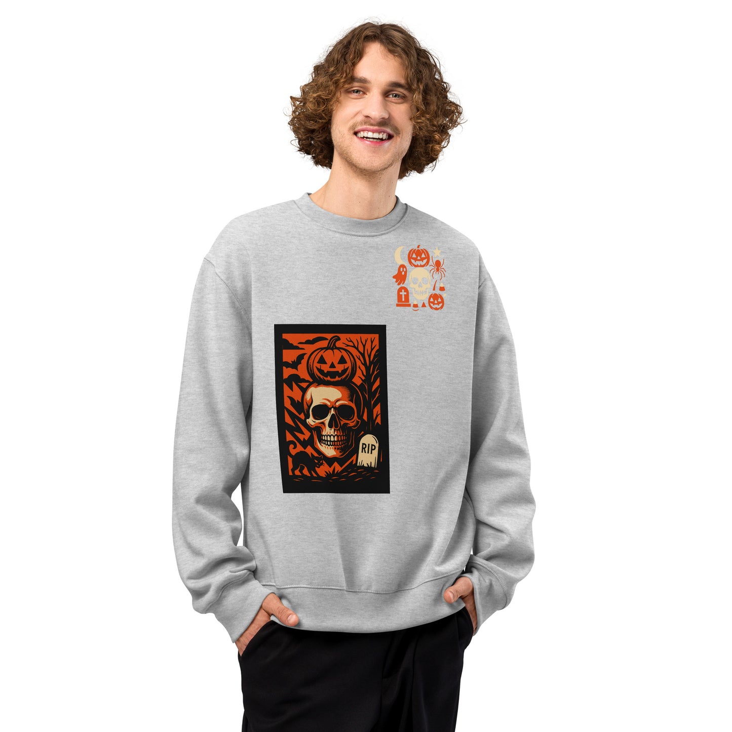 Person wearing a gray sweatshirt with a Halloween-themed design on a white background