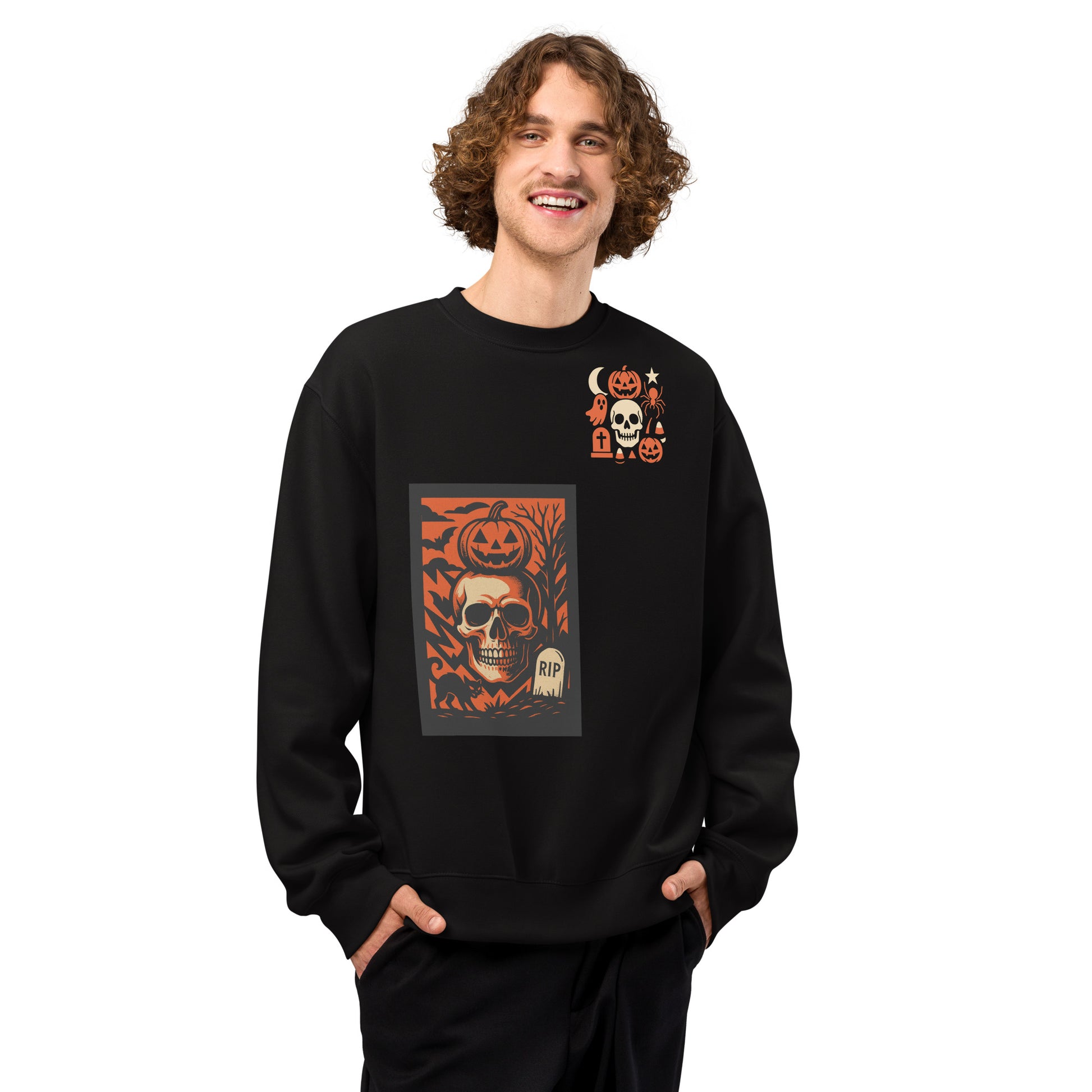 Person wearing a black sweatshirt with a Halloween-themed design on a white background