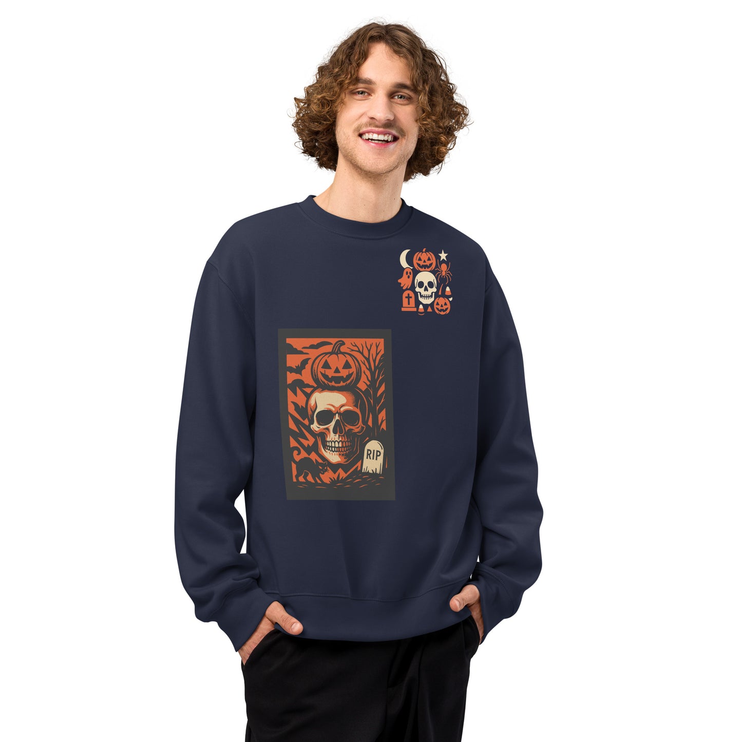 Person wearing a navy blue sweatshirt with a Halloween-themed design on a white background