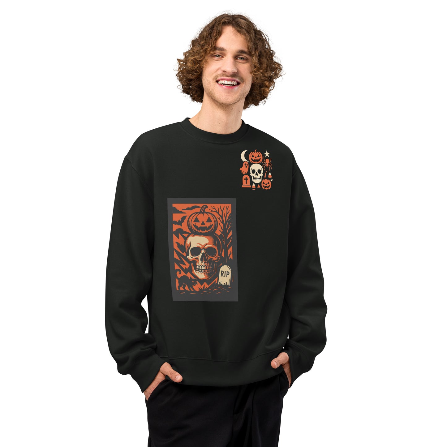Person wearing a black sweatshirt with a Halloween-themed design on a white background