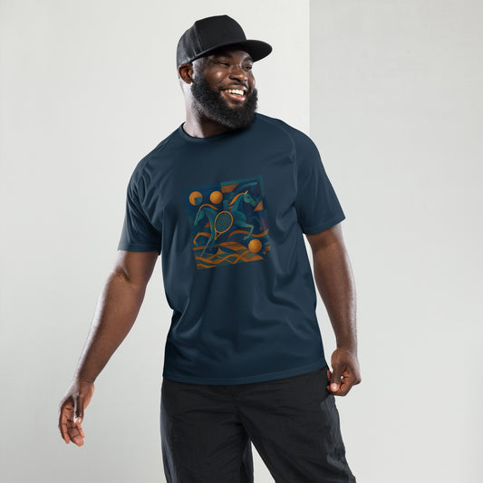 Man wearing a navy blue t-shirt with a colorful graphic design on a light gray background