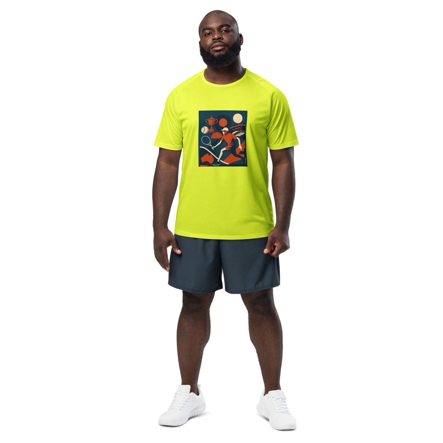 Man wearing a bright yellow tennis t-shirt with a graphic design and dark shorts on a white background