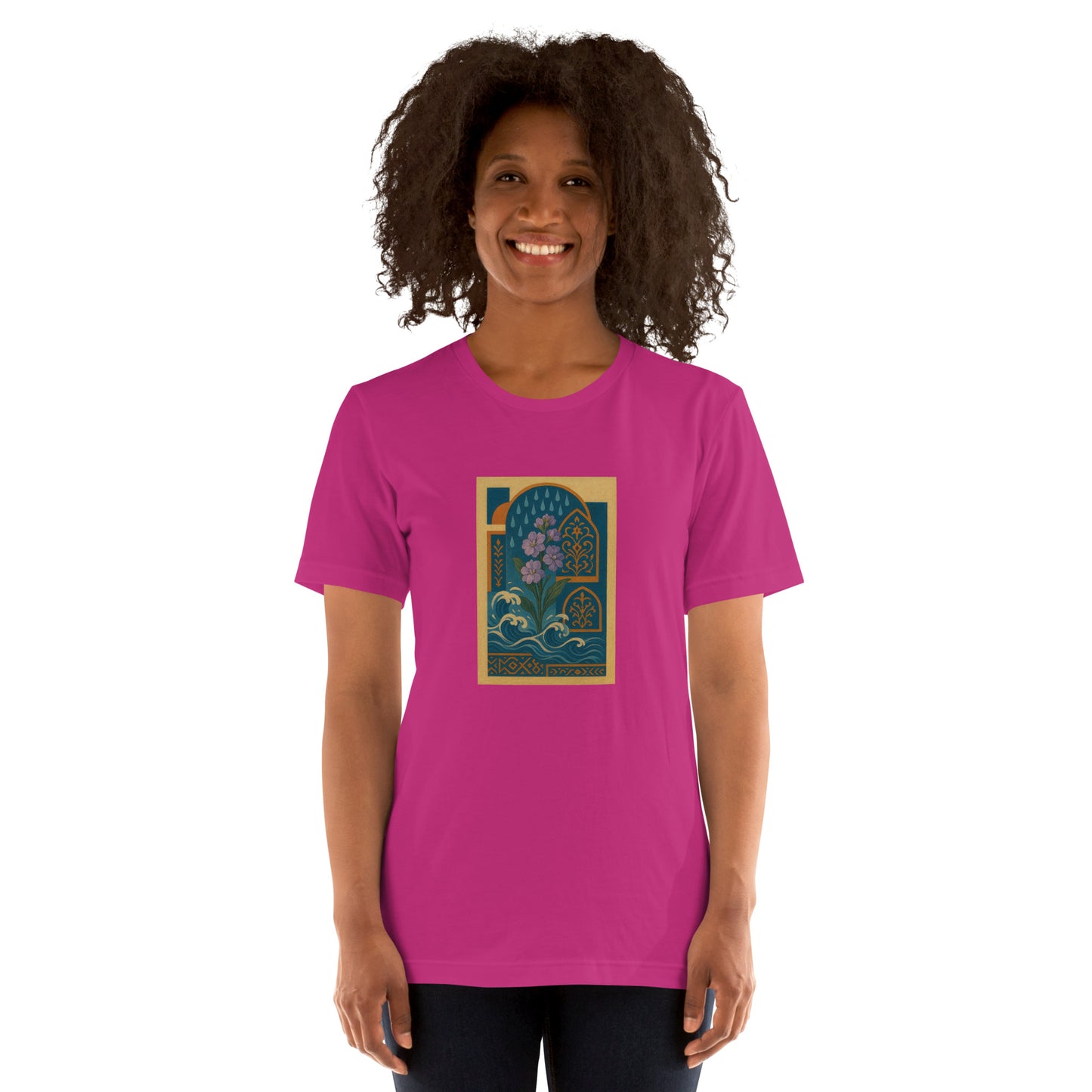 Person wearing a pink t-shirt with a graphic design on a white background
