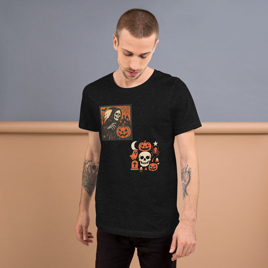 Man wearing a black t-shirt with Halloween-themed graphics against a plain background
