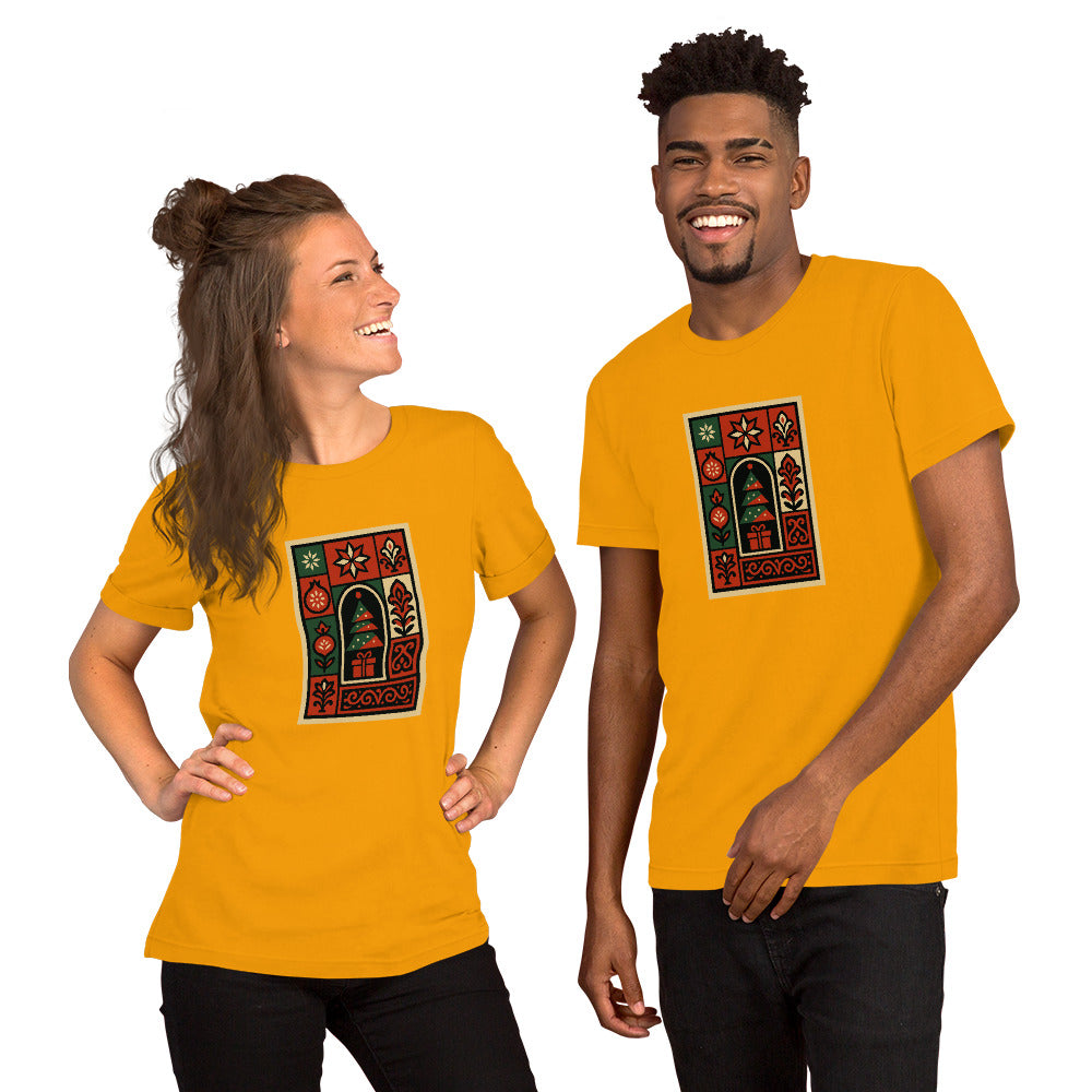 Two people wearing CHRISTMASS t-shirts with a decorative design on a white background