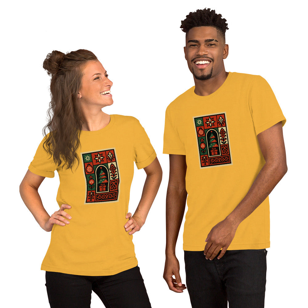 Two people wearing yellow  t-shirts with a CHRISTMASS design on a white background