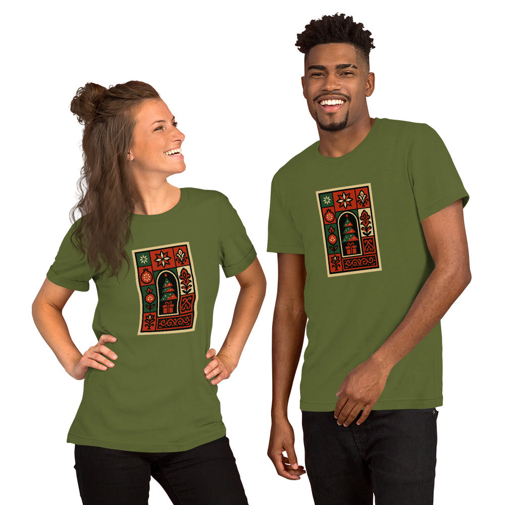 Two people wearing CHRISTMASS green t-shirts with a decorative design on a white background