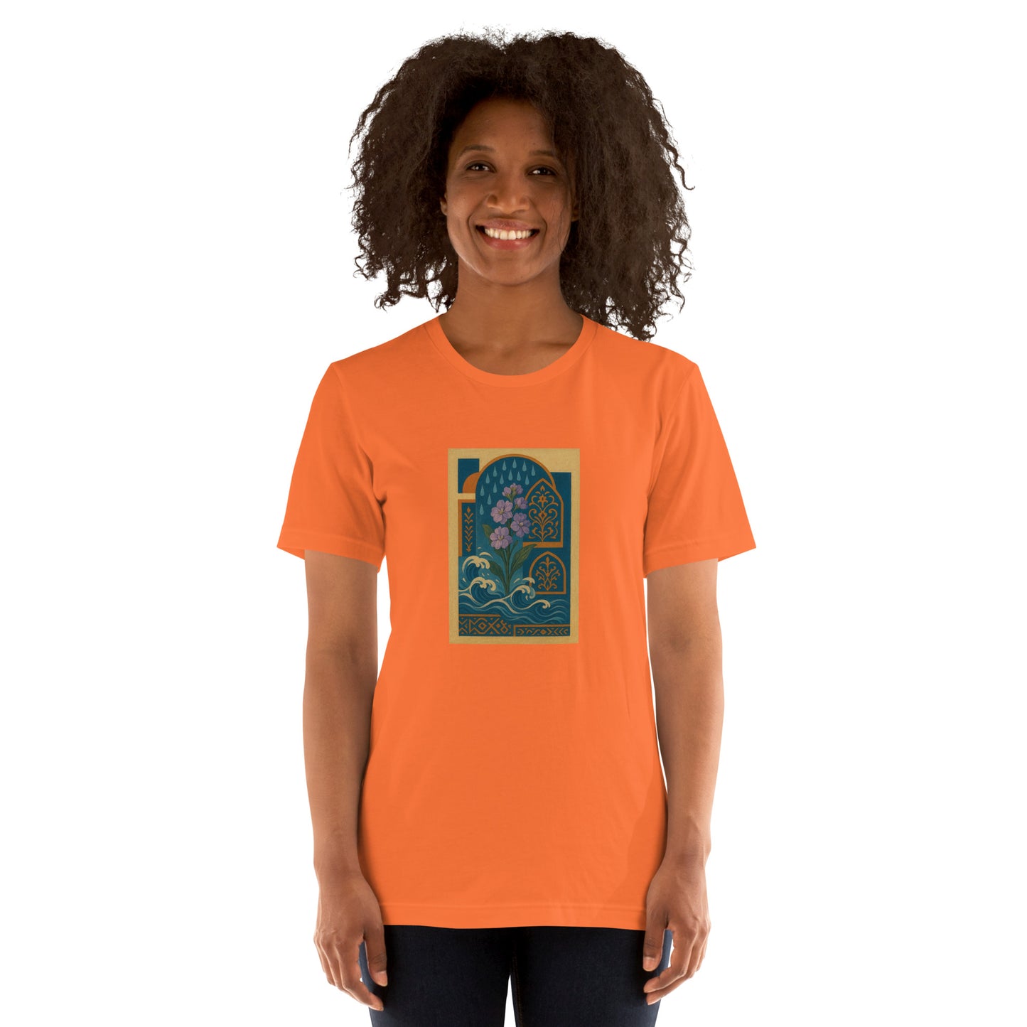 Person wearing an orange t-shirt with a graphic design on a white background