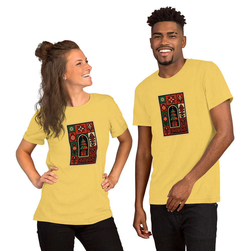 Two people wearing yellow CHRISTMASS  t-shirts with a decorative design on a white background
