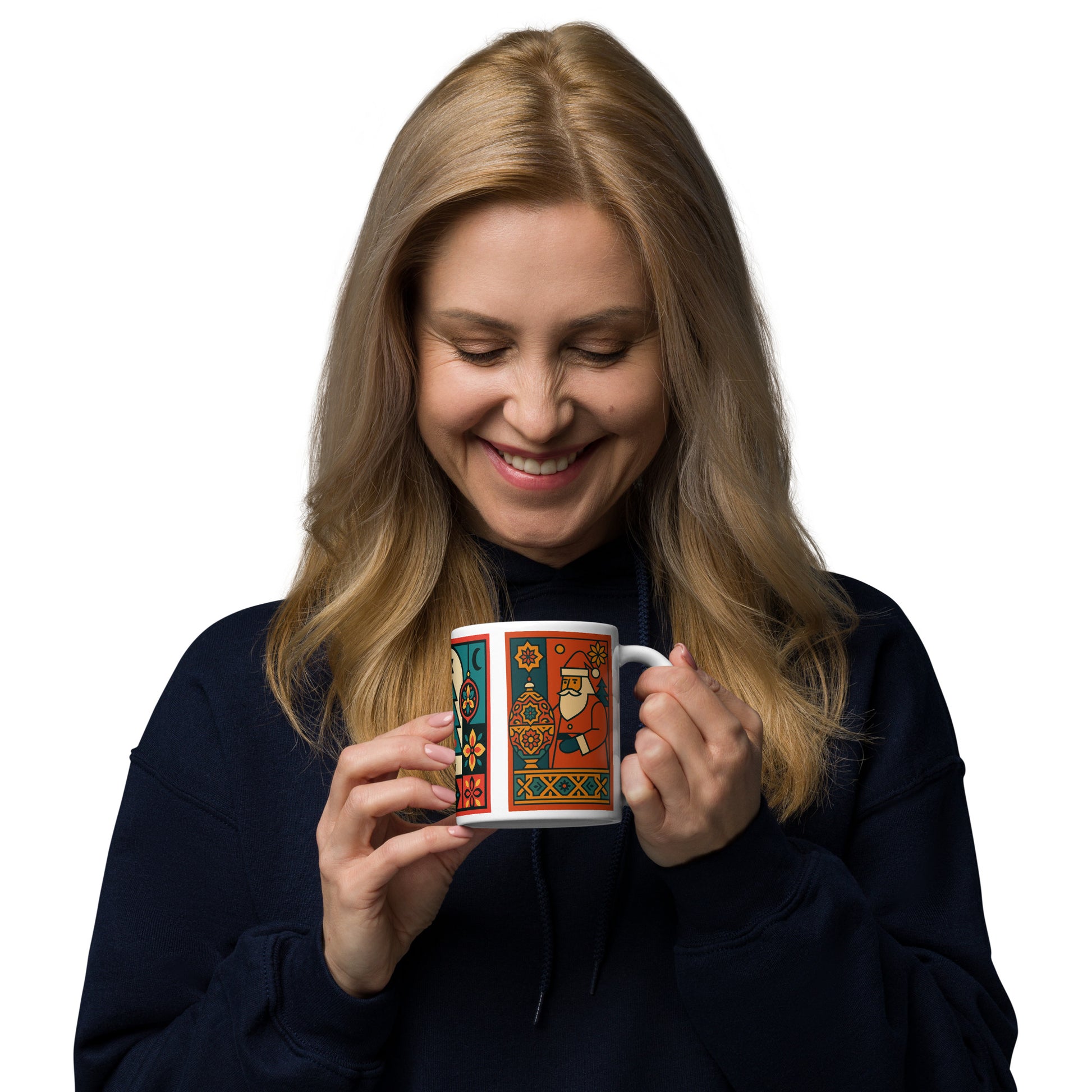 Woman holding a colorful mug with a white background