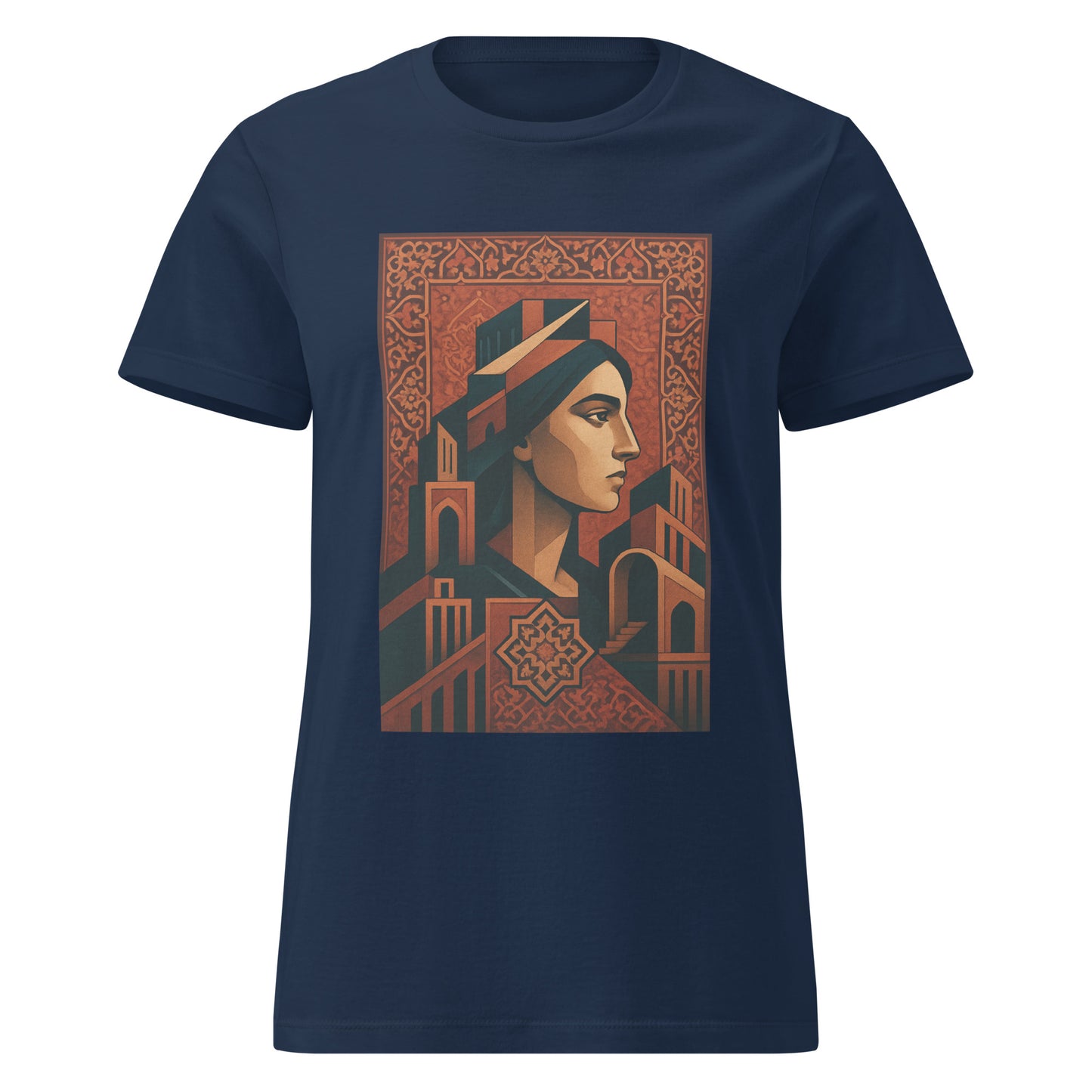 Navy blue t-shirt with a graphic design of a woman's face and architectural elements on a white background