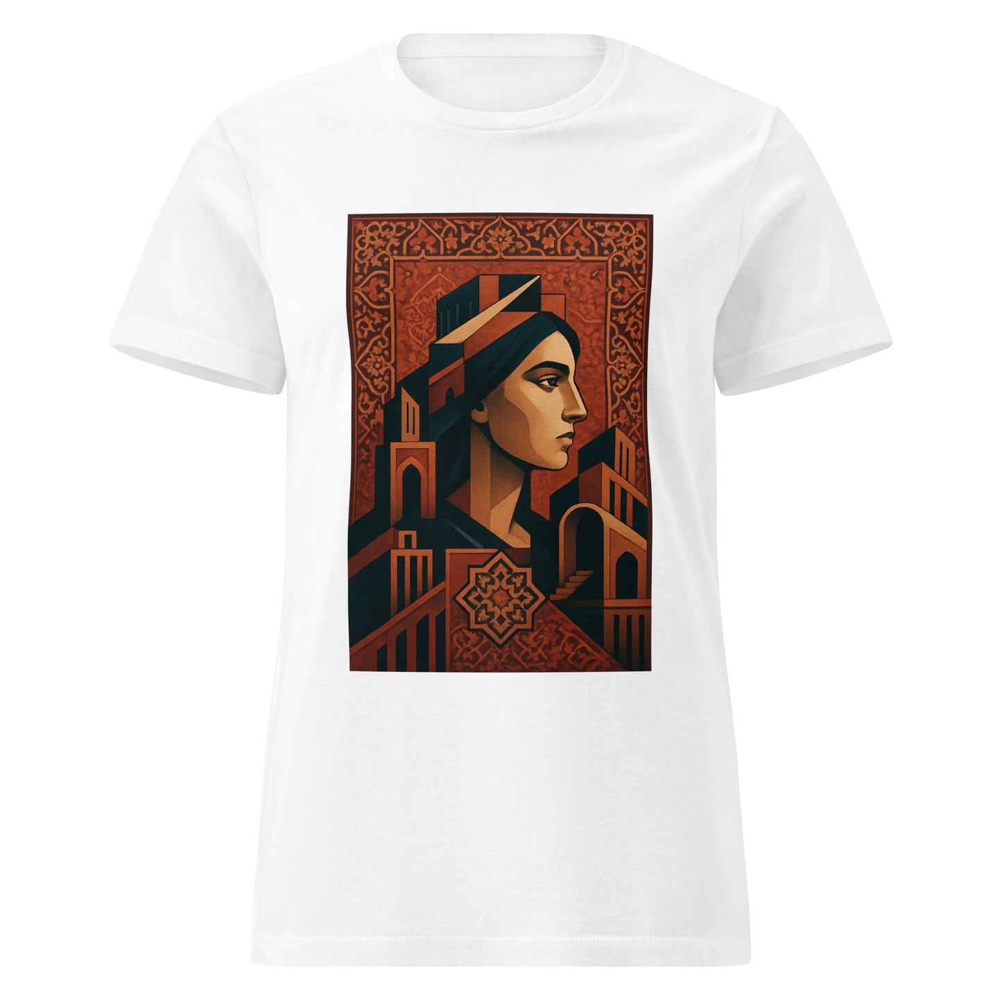 White t-shirt with a graphic design of a woman's face and architectural elements on a white background
