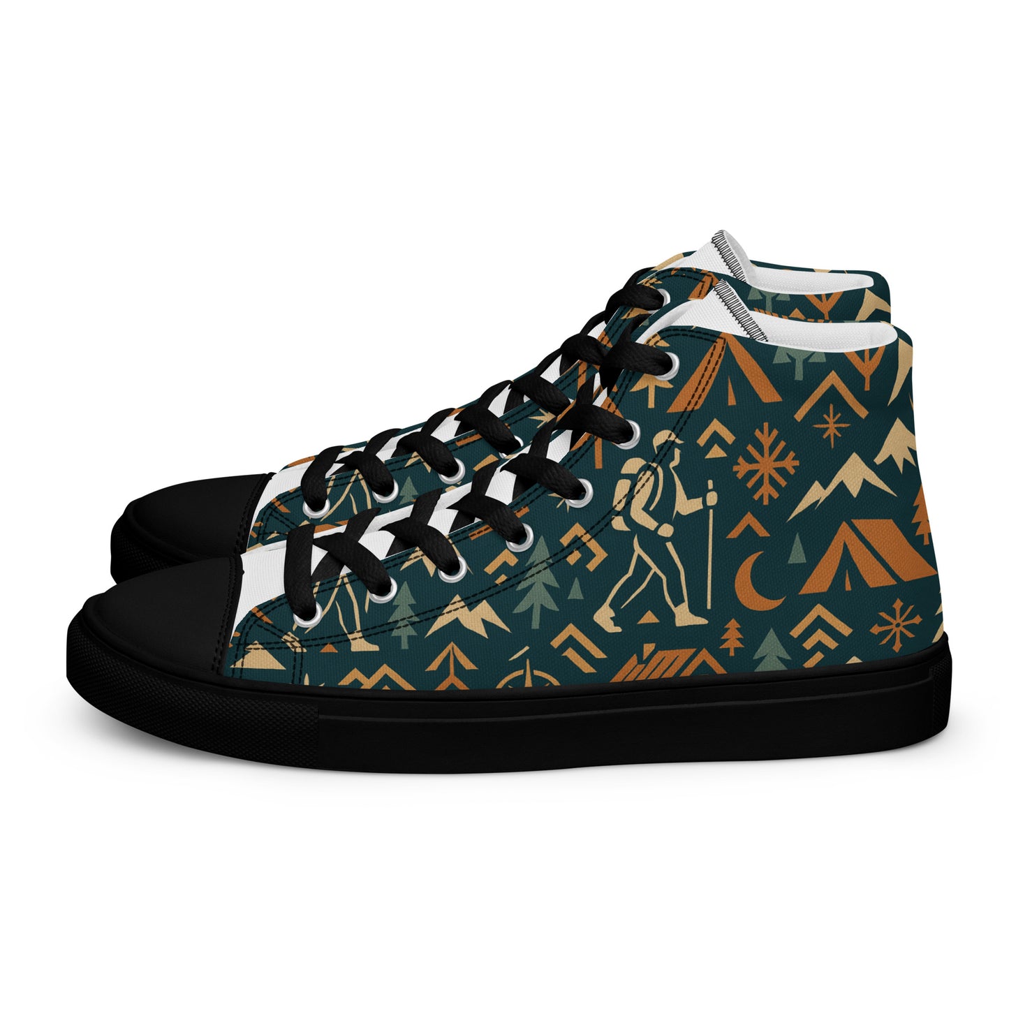 High-top sneaker with outdoor-themed pattern on a white background