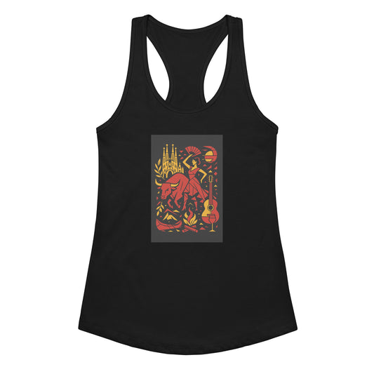 Black tank top with a colorful graphic design on a white background