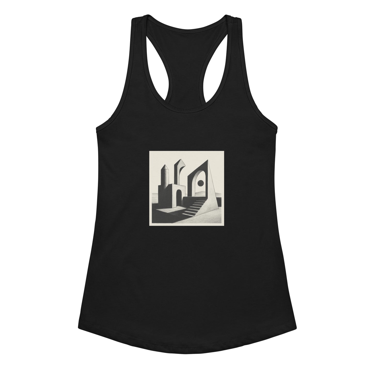 Black tank top with a graphic design on a white background