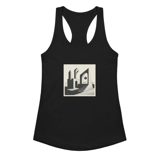 Black tank top with a graphic design on a white background