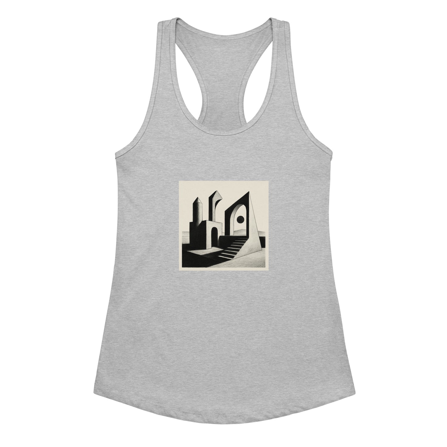 Gray tank top with a black and white graphic design on a white background