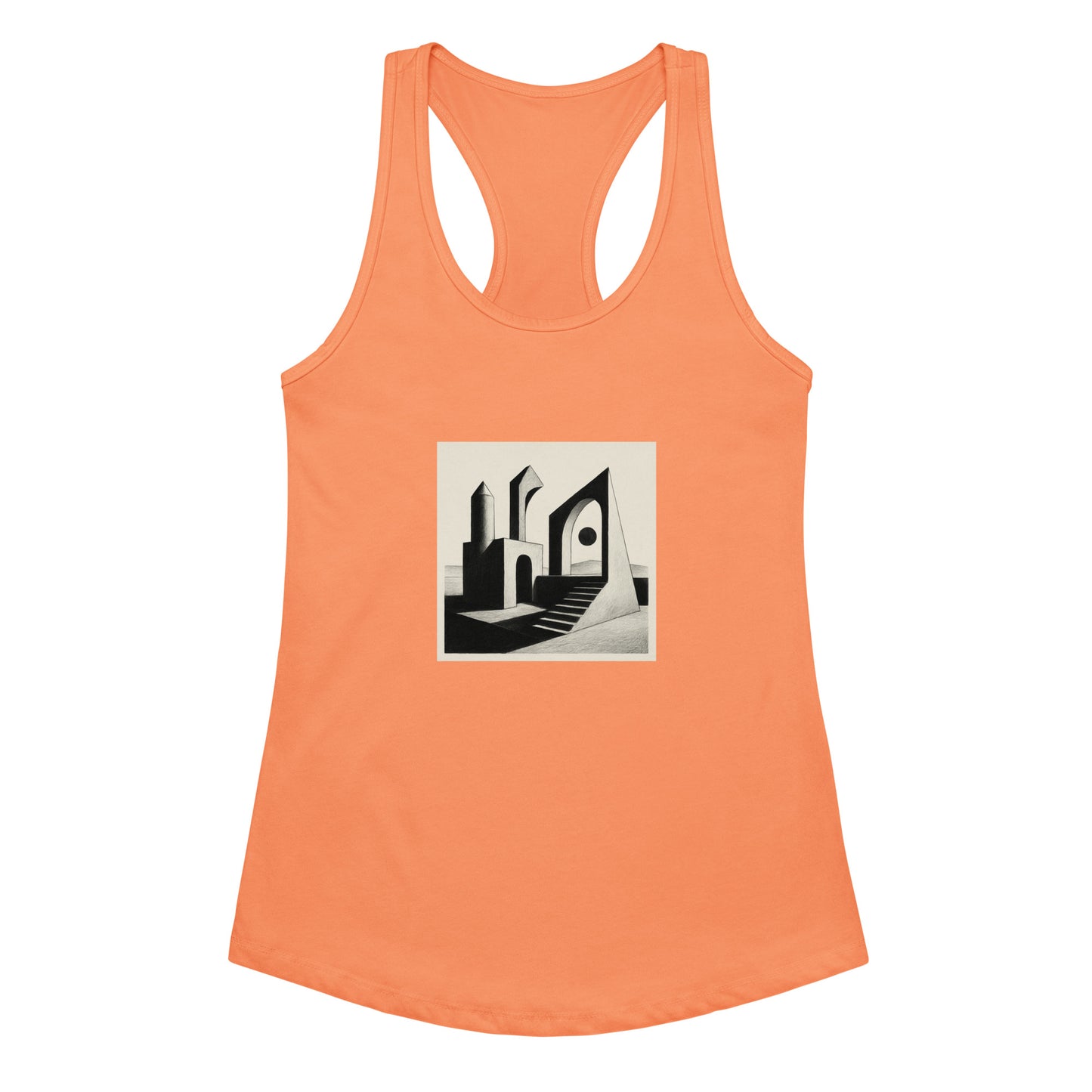 Orange tank top with a black and white graphic design on a white background