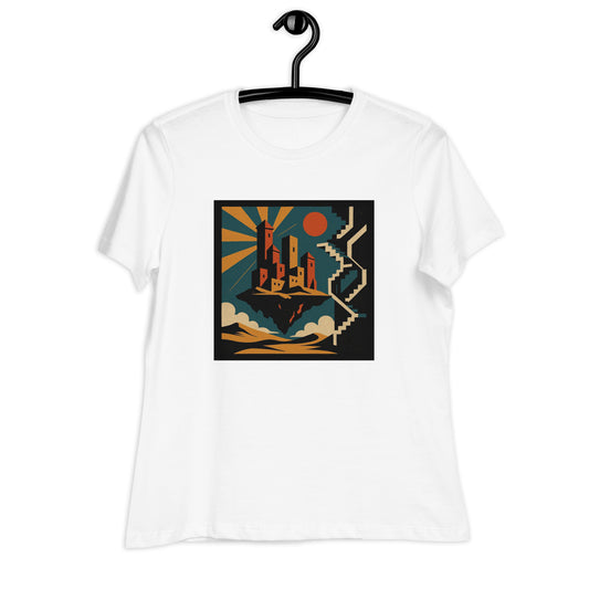 White t-shirt with a colorful graphic design on a hanger against a white background