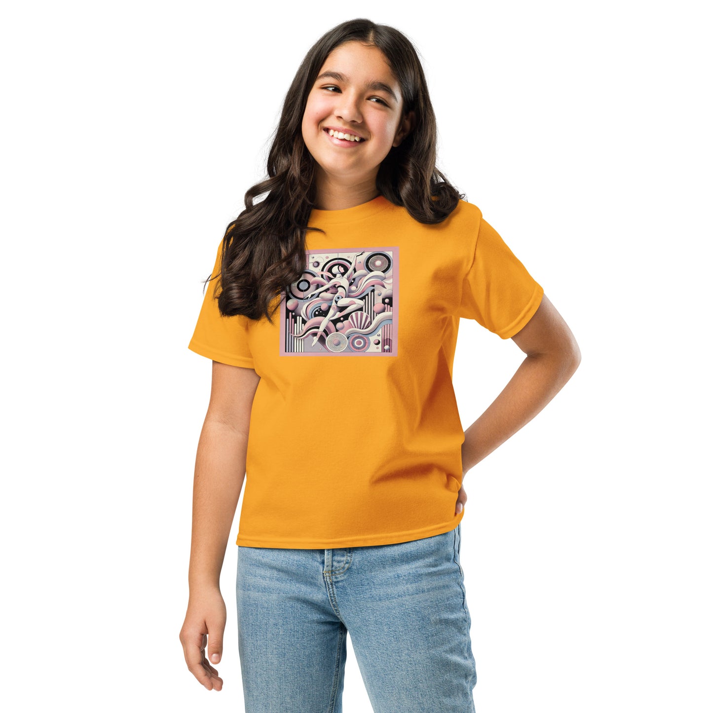 Girl wearing a mustard yellow t-shirt with a graphic design on a white background