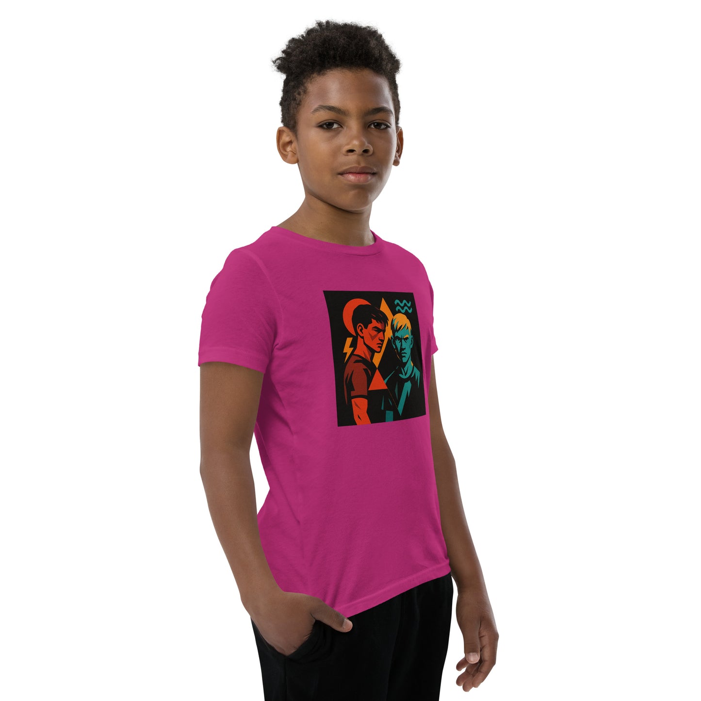 Child wearing a pink t-shirt with a graphic design on a white background
