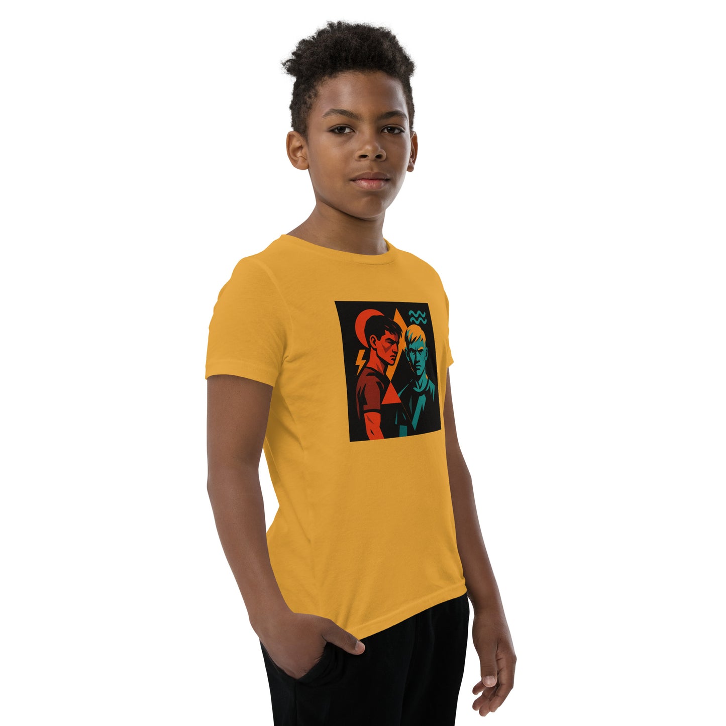 Child wearing a yellow t-shirt with a graphic design on a white background