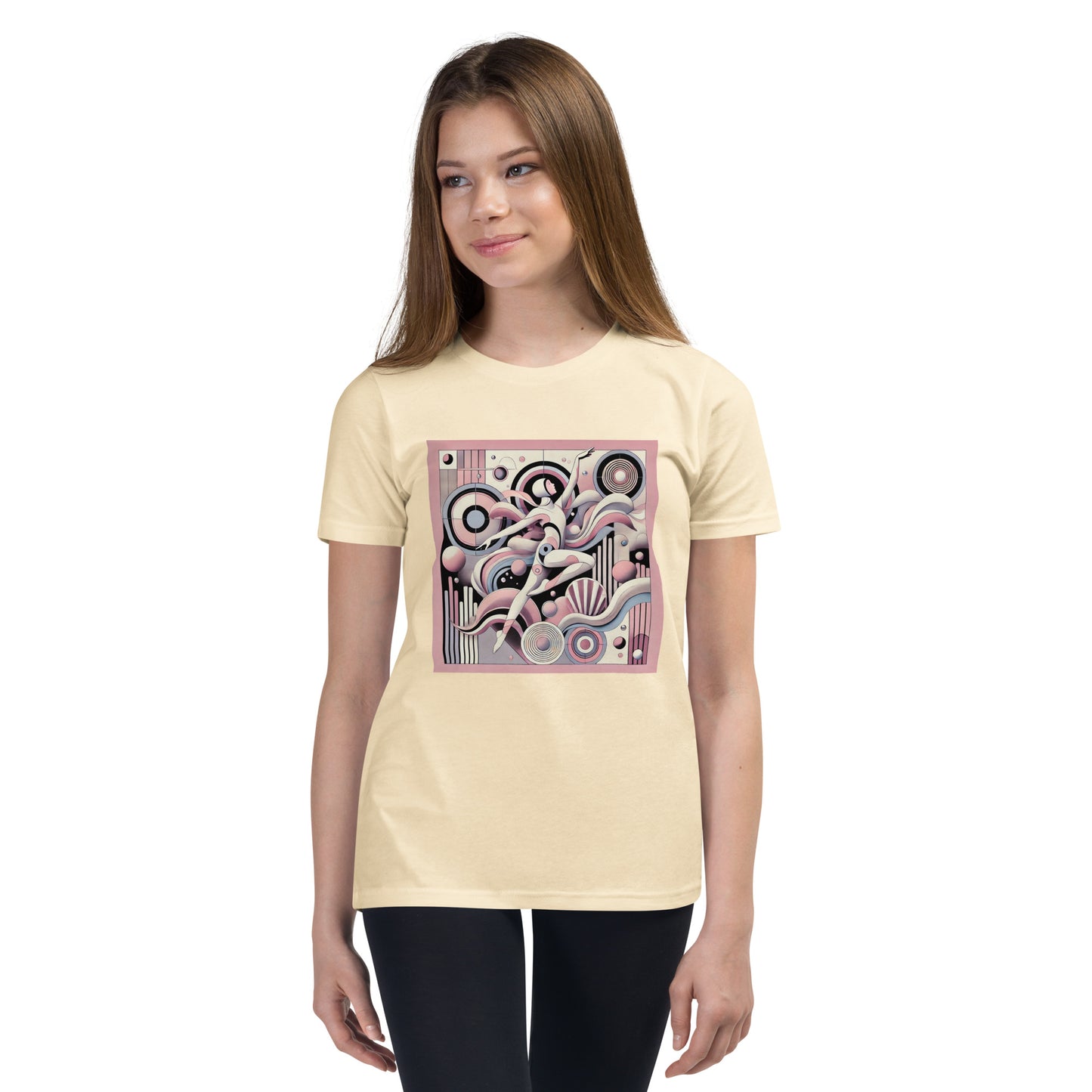 Young girl wearing a beige t-shirt with a colorful abstract design on a white background