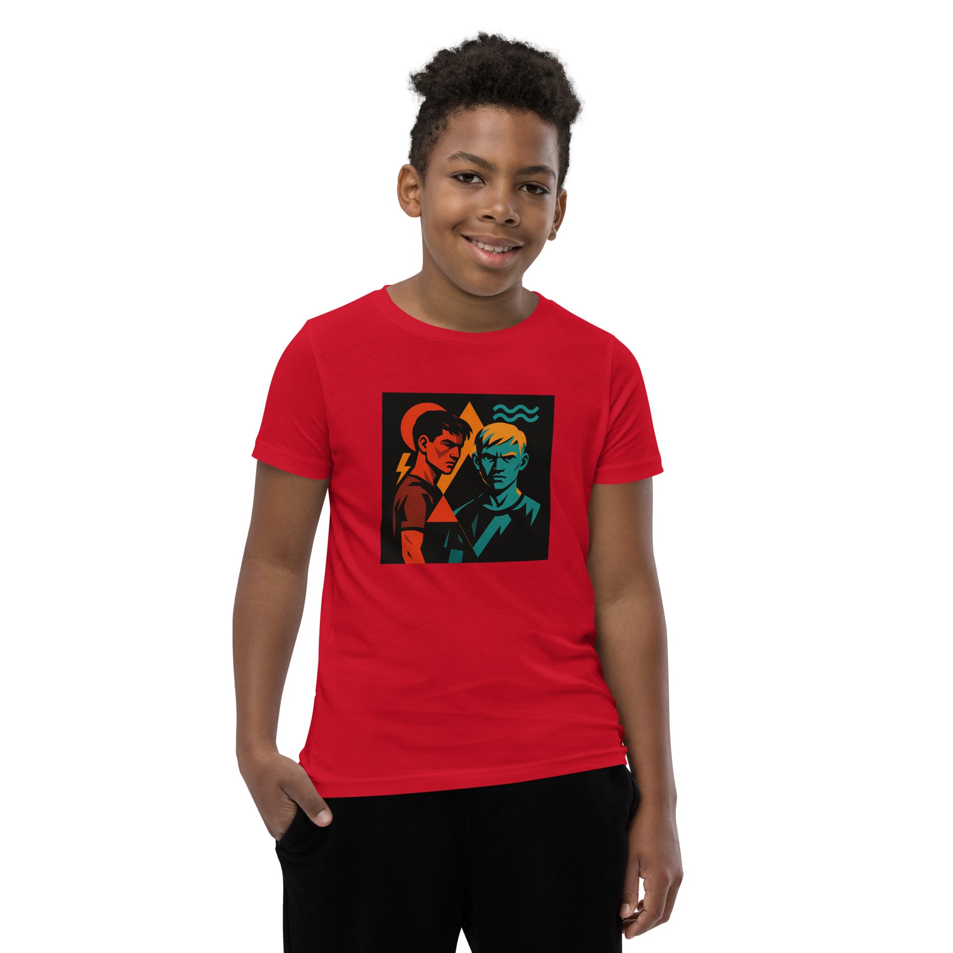 Child wearing a red t-shirt with a graphic design on a white background