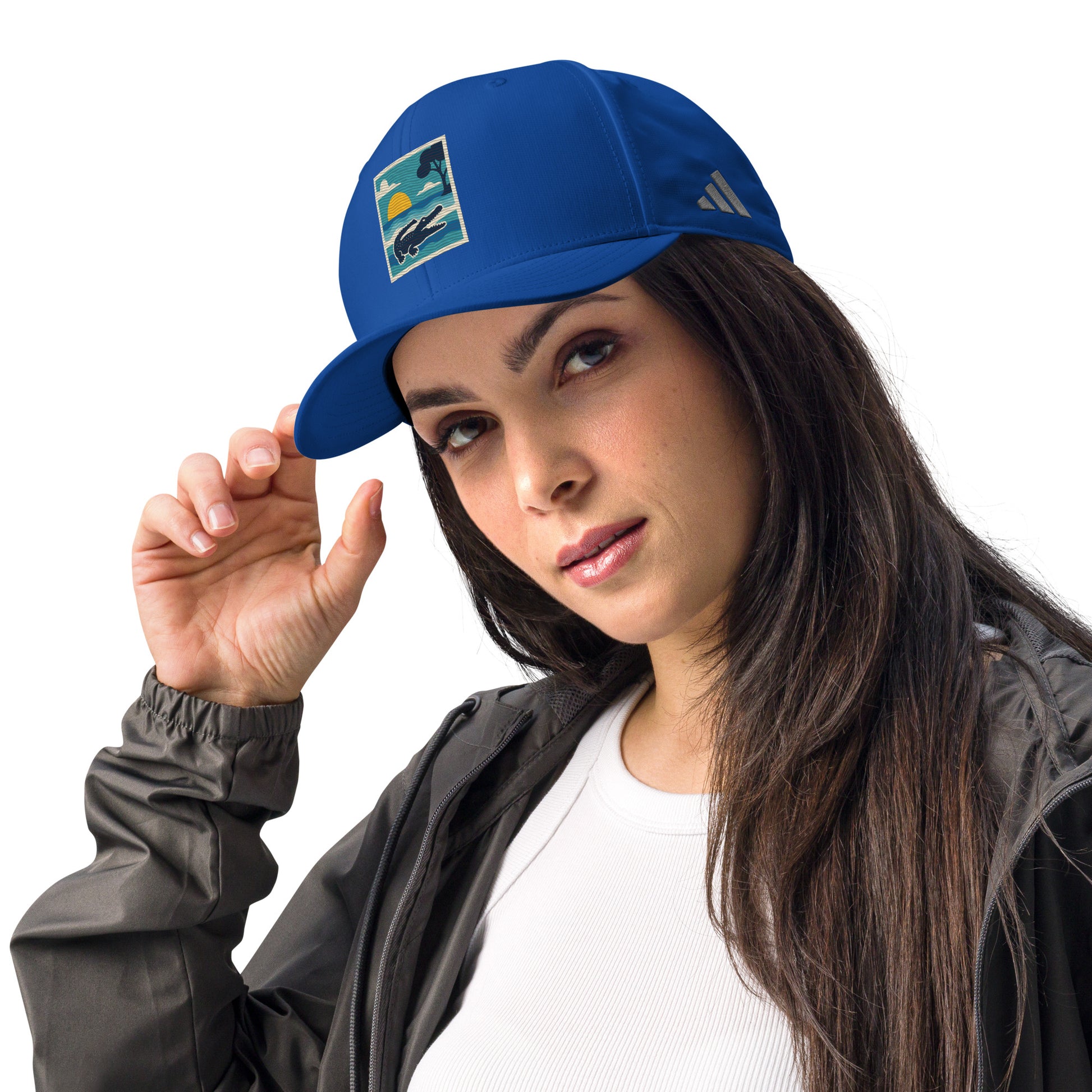 Woman wearing a blue cap with a logo on a white background