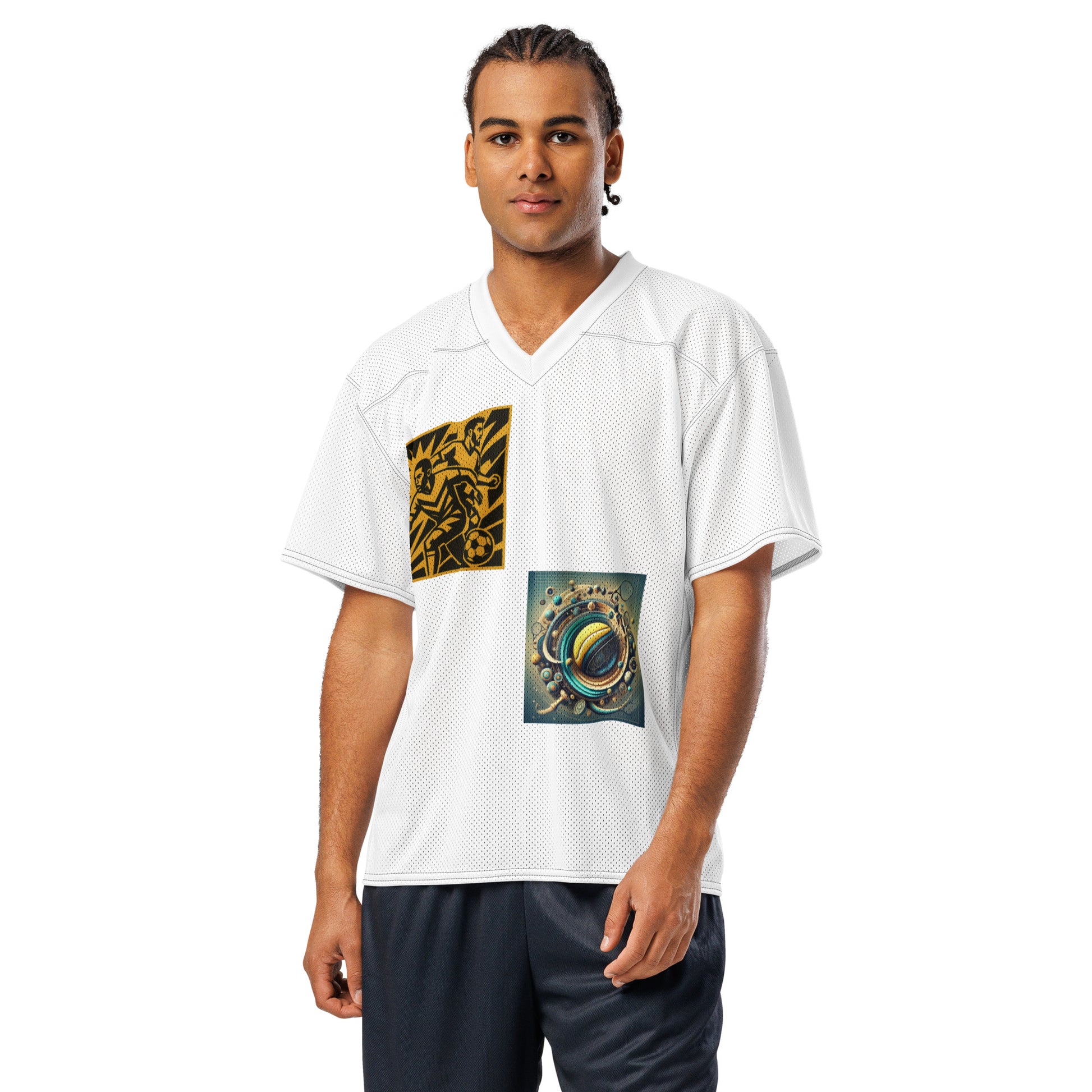 Man wearing a white sports jersey with graphic designs on a white background
