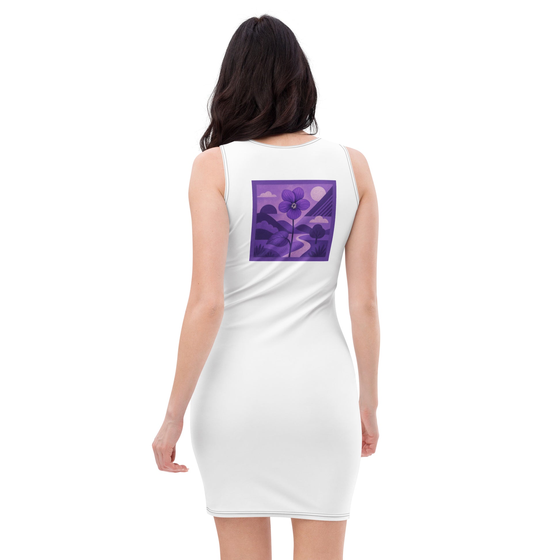 White sleeveless dress with a purple floral design on the back, worn by a person.