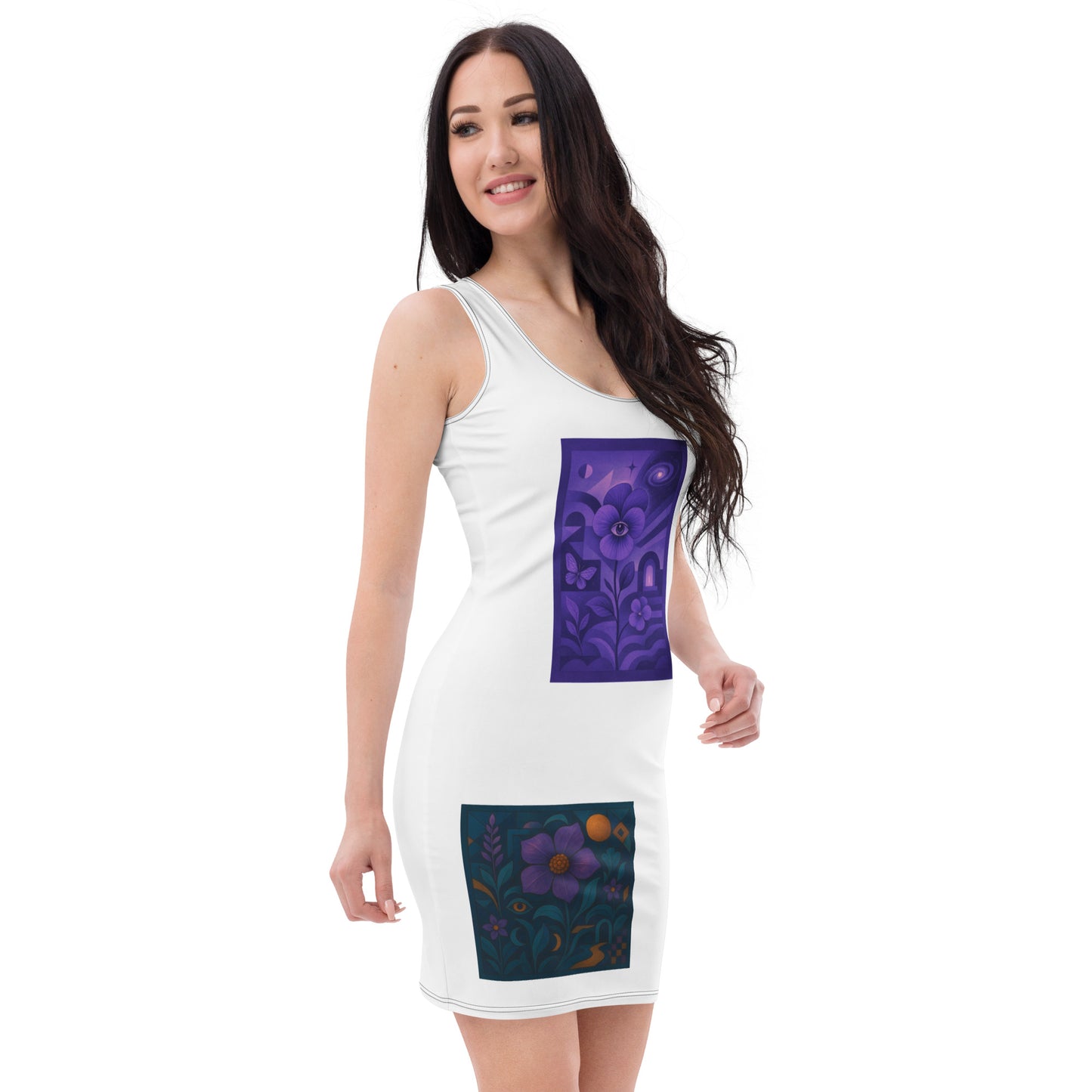 White dress with purple floral patterns worn by a model on a white background