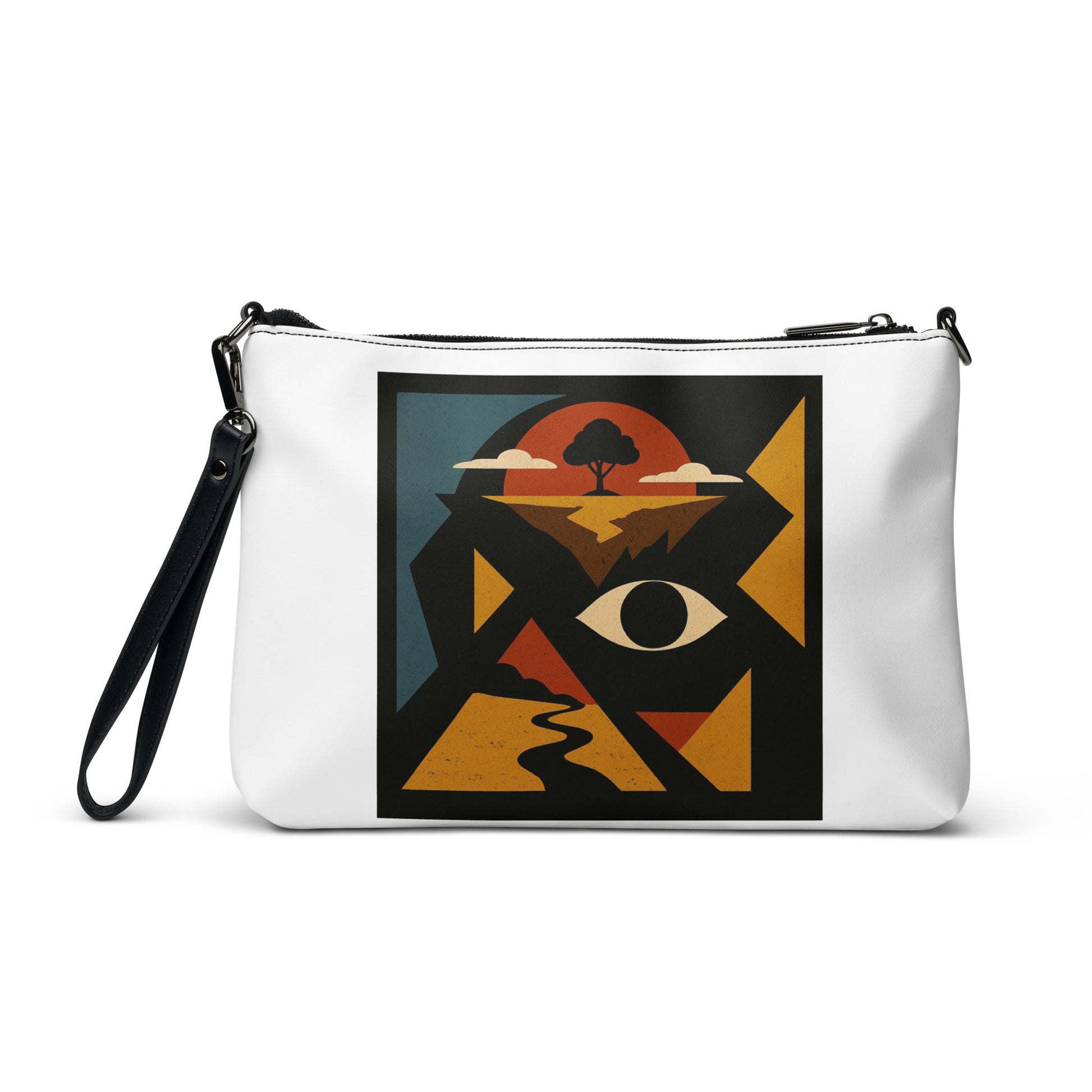 White pouch with abstract design featuring an eye and landscape on a white background