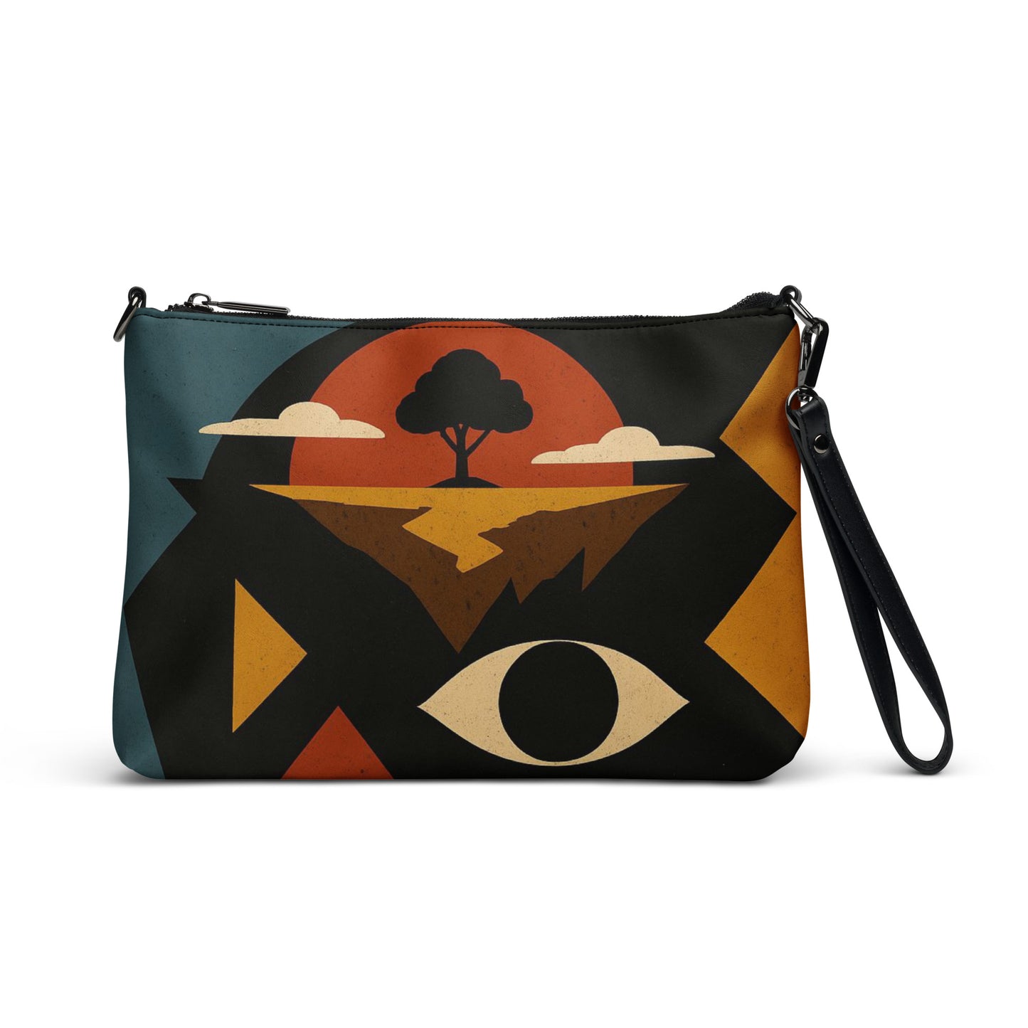 Pouch with abstract design of eye, tree, and landscape on a white background