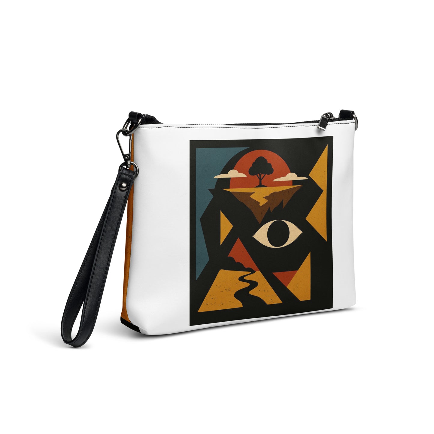 White crossbody bag with abstract design featuring a tree and eye on a black background