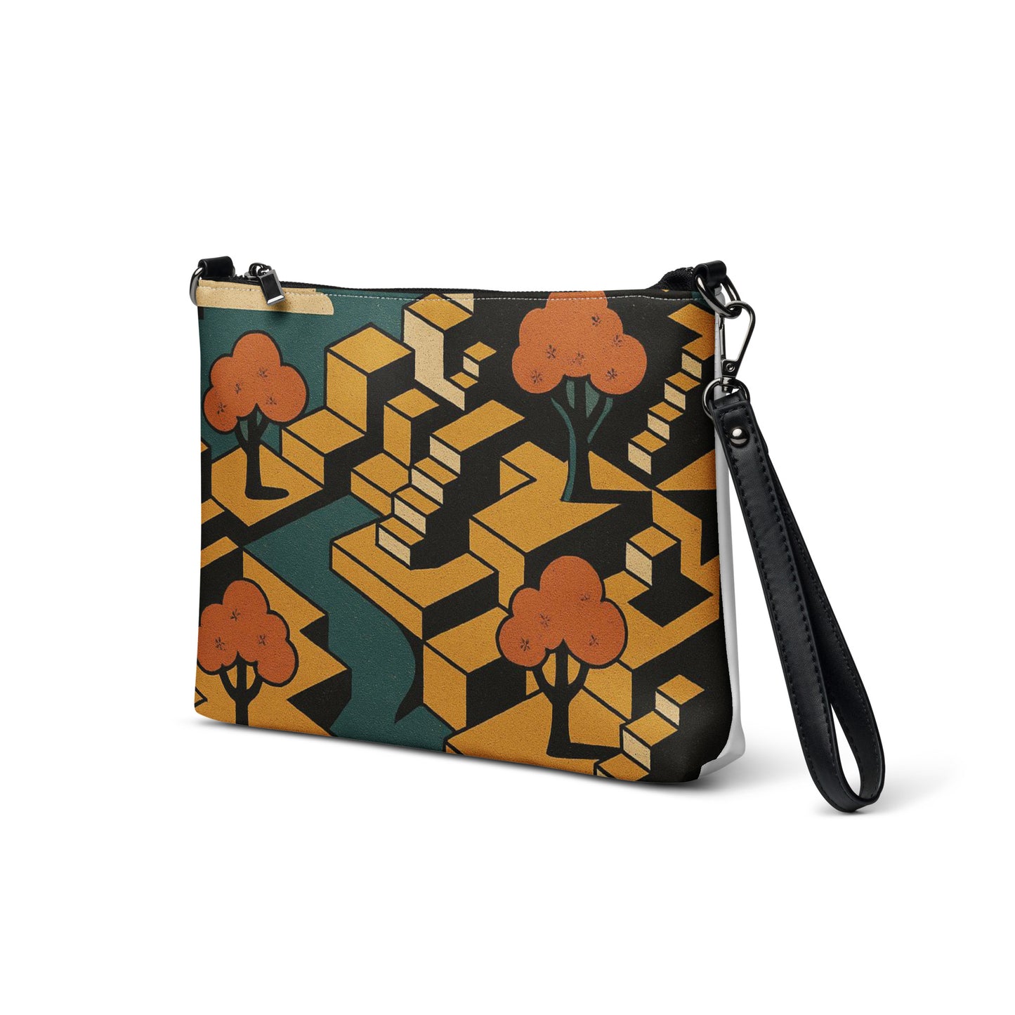 Clutch bag with geometric pattern and tree design on a white background
