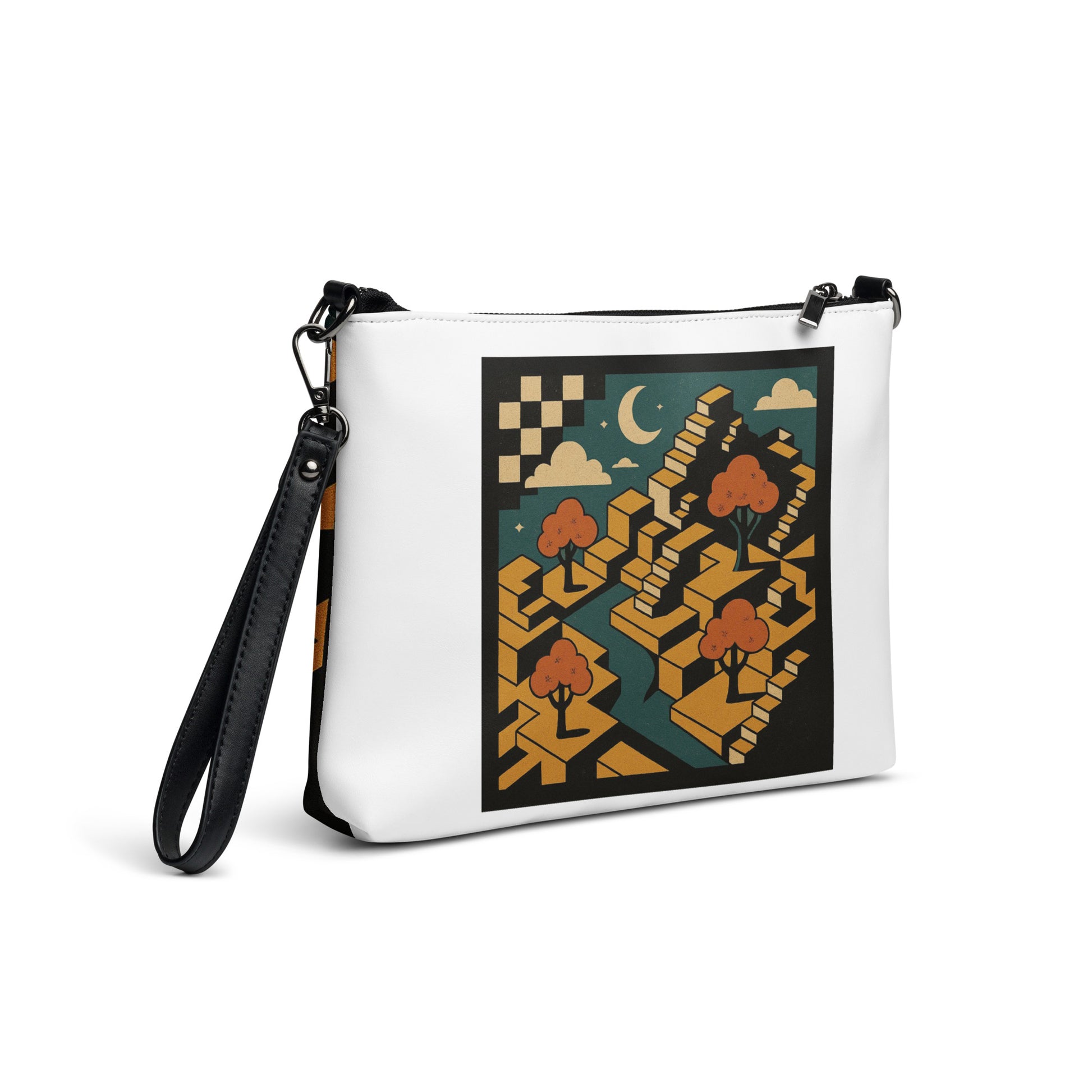 White crossbody bag with a geometric landscape design on a white background