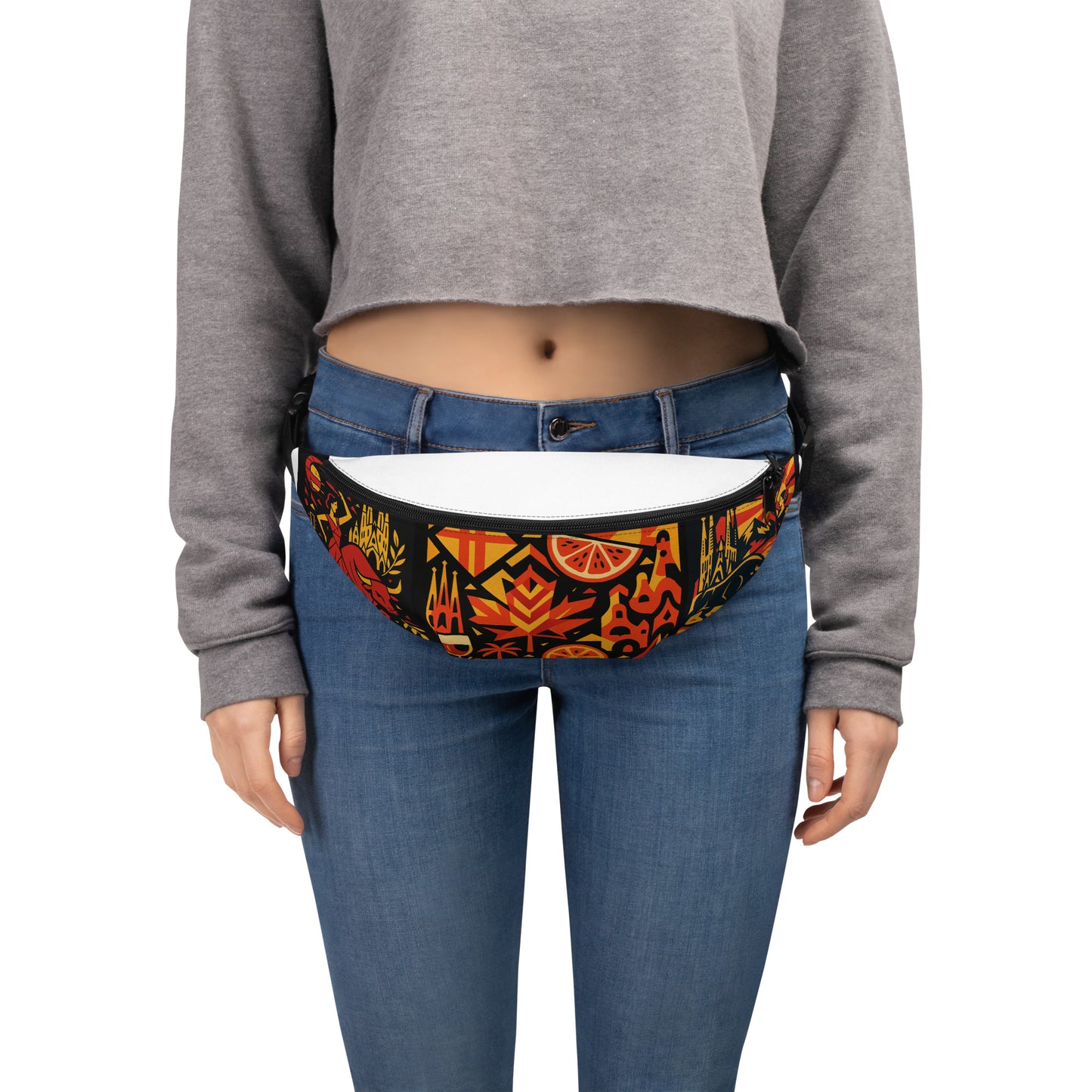 Person wearing a colorful waist bag with a pattern on a white background