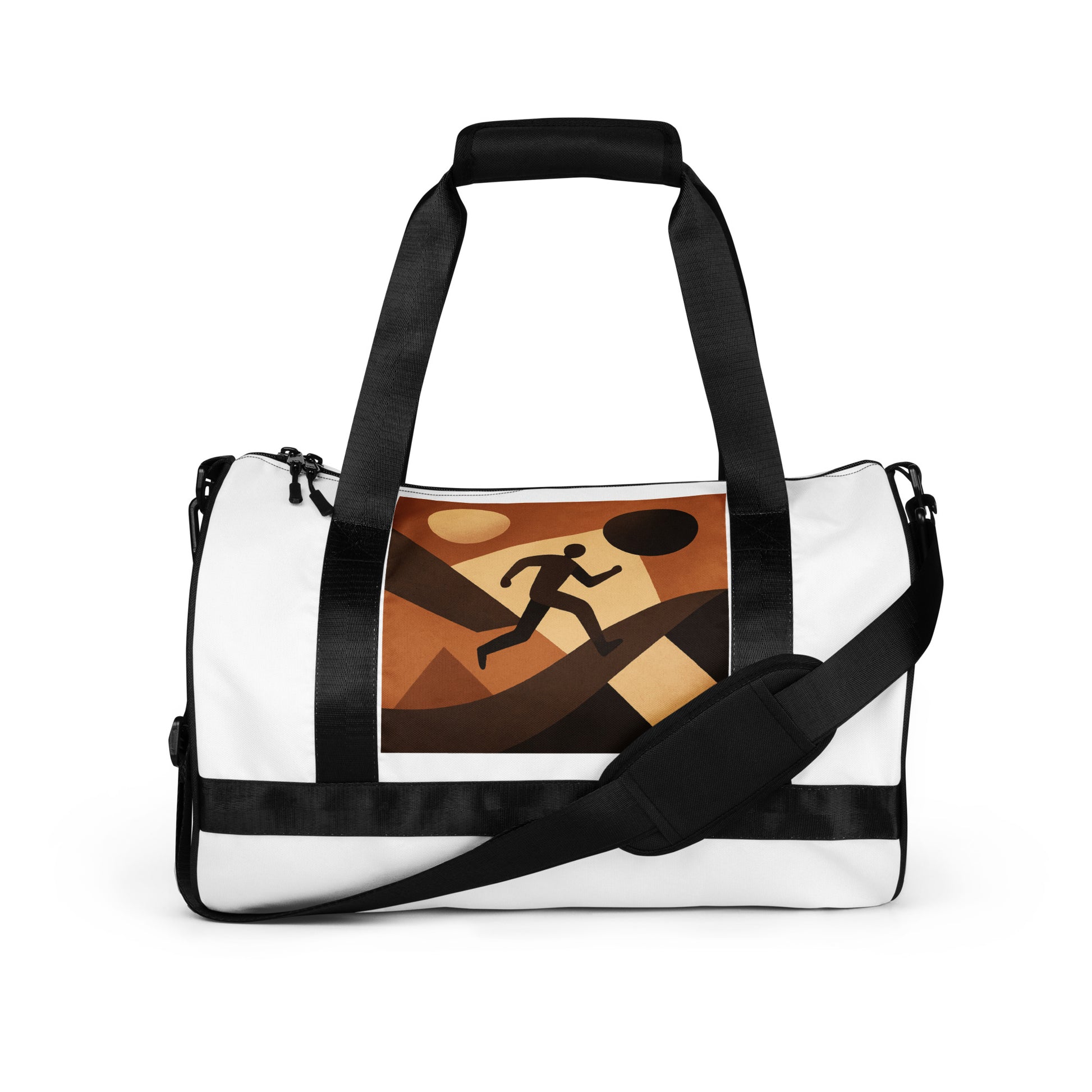 White duffel bag with black straps featuring a graphic design of a person running on a mountain.