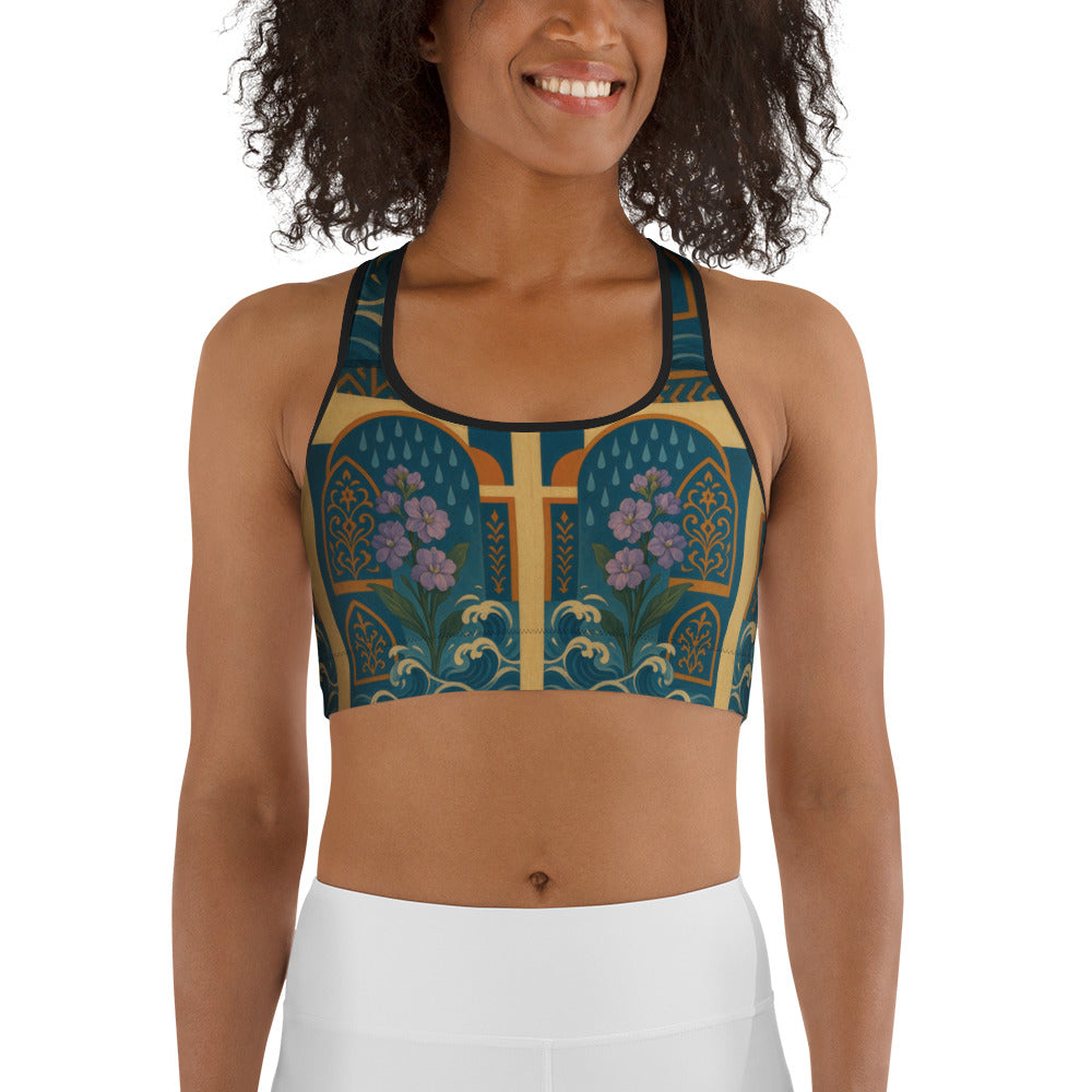 Woman wearing a patterned sports bra and white pants on a white background