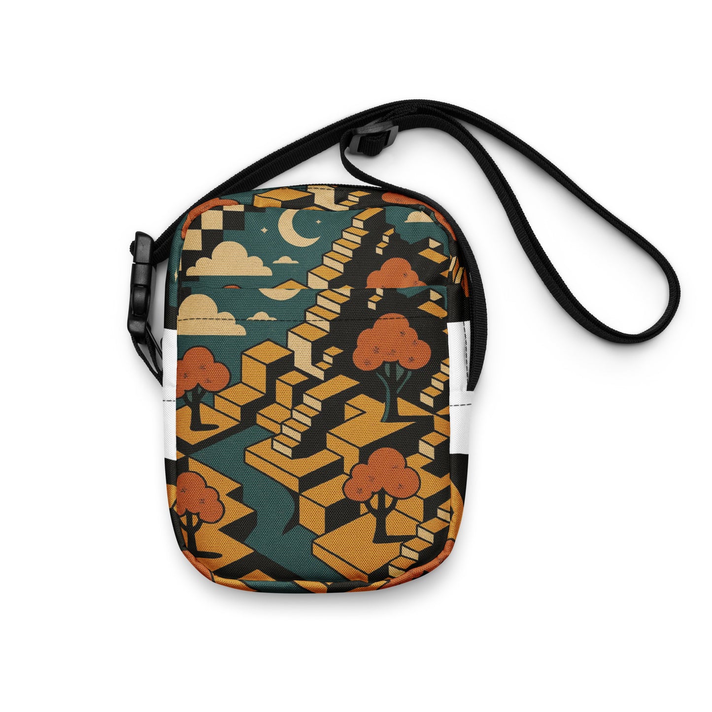 Small pouch with a geometric landscape pattern on a white background
