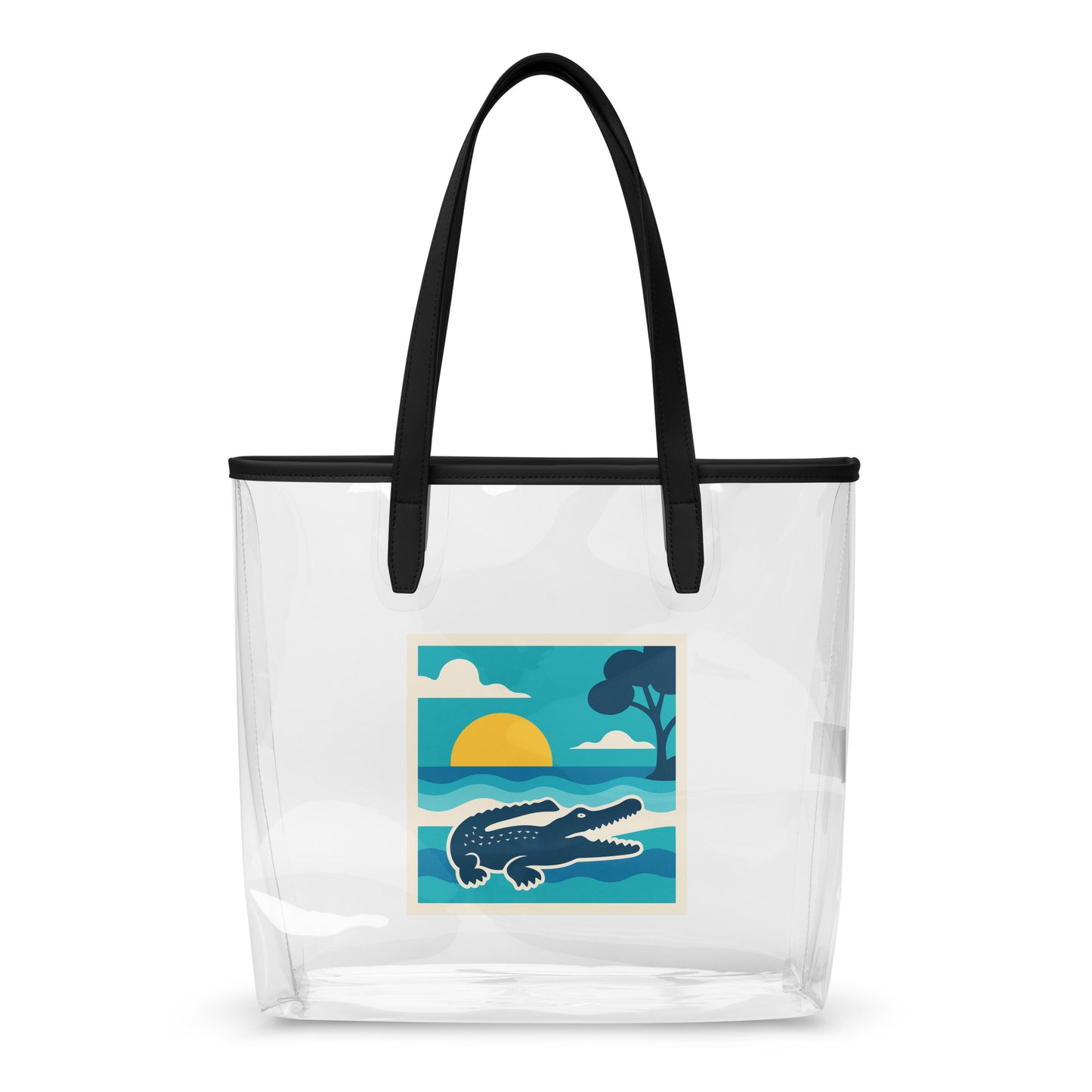 Clear tote bag with a crocodile illustration on a white background