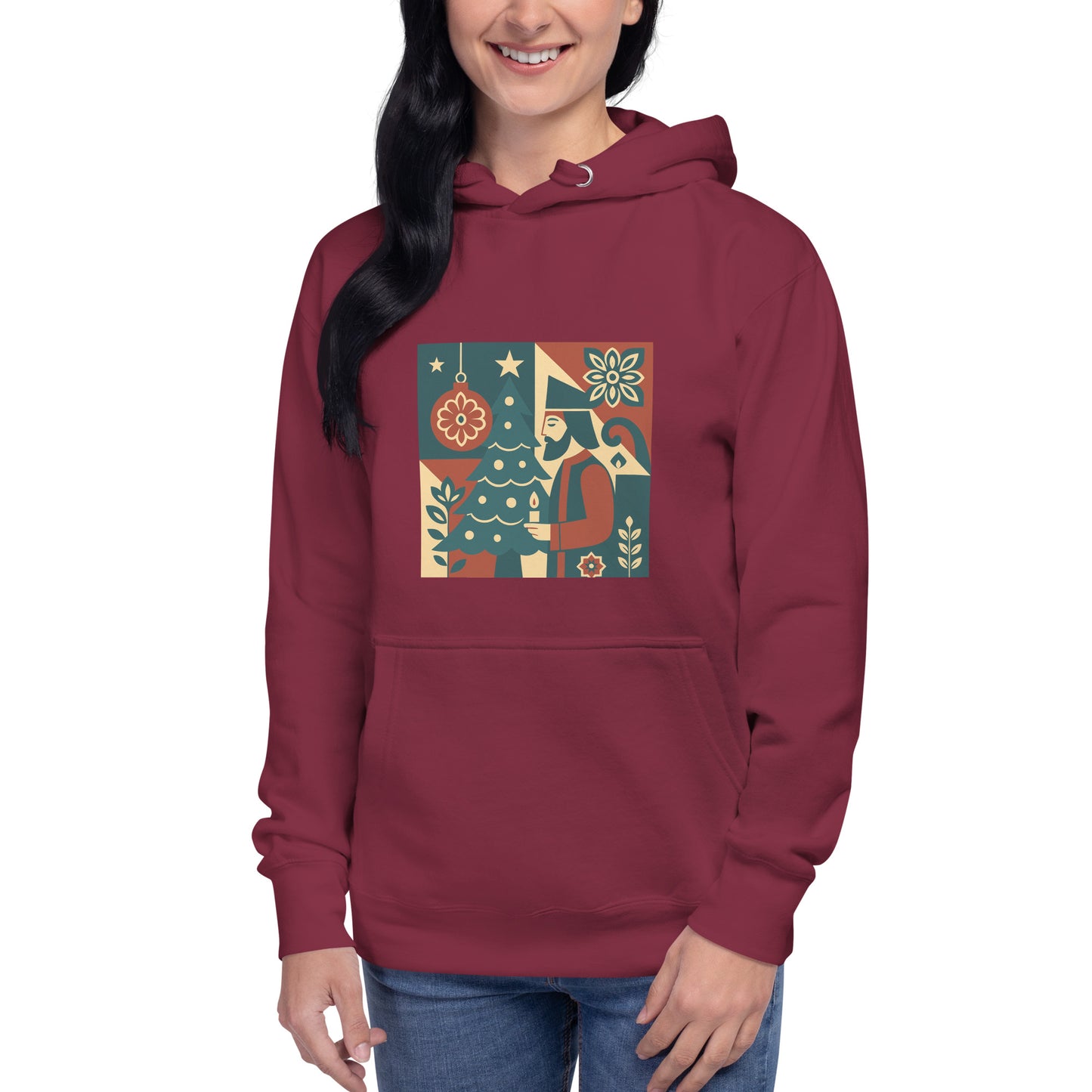 Person wearing a maroon hoodie with a colorful geometric design on a white background